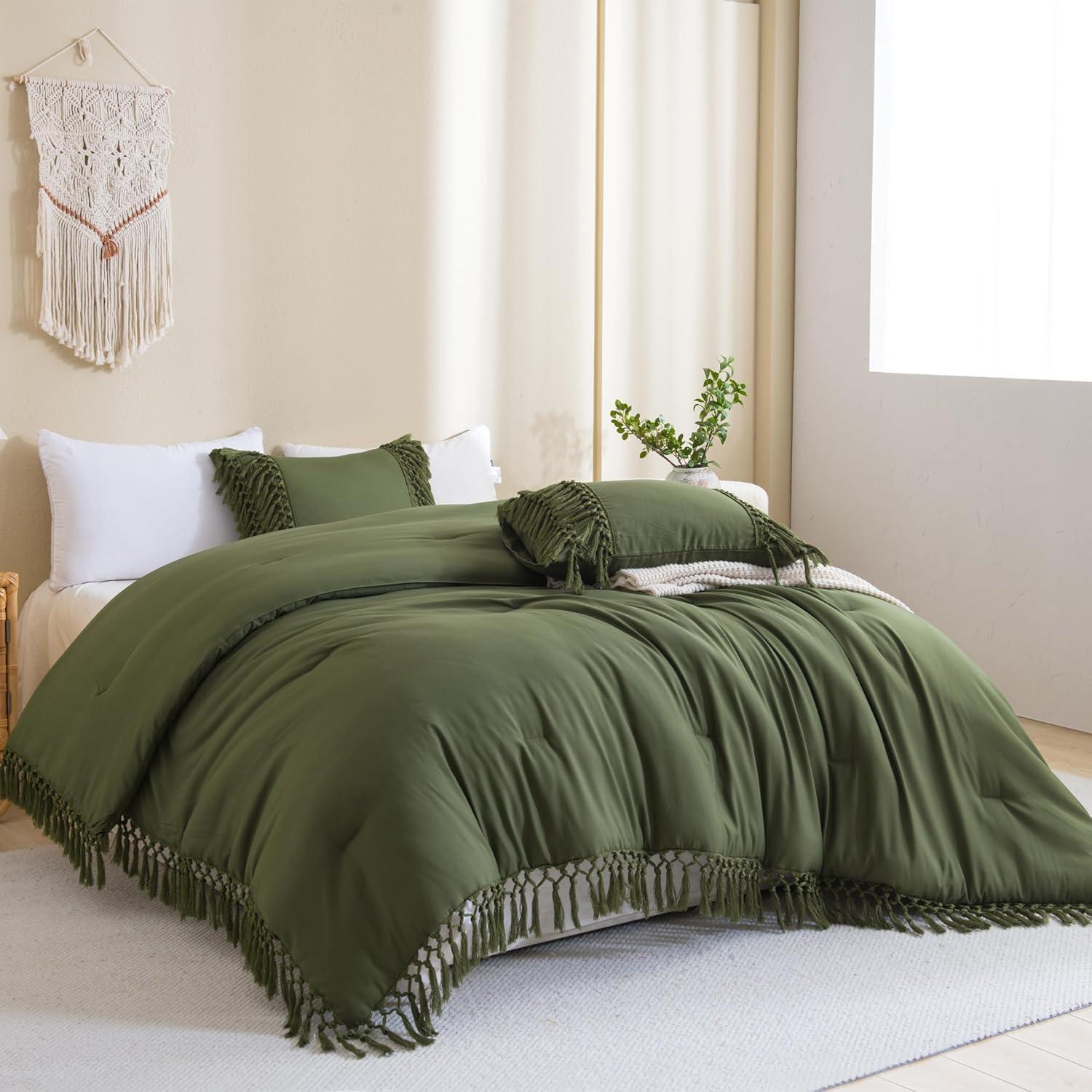 Sage Green King Microfiber Boho Tassel Comforter Set