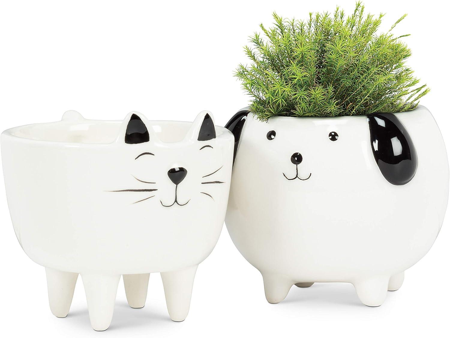 Small White Ceramic Cat Planter with Legs