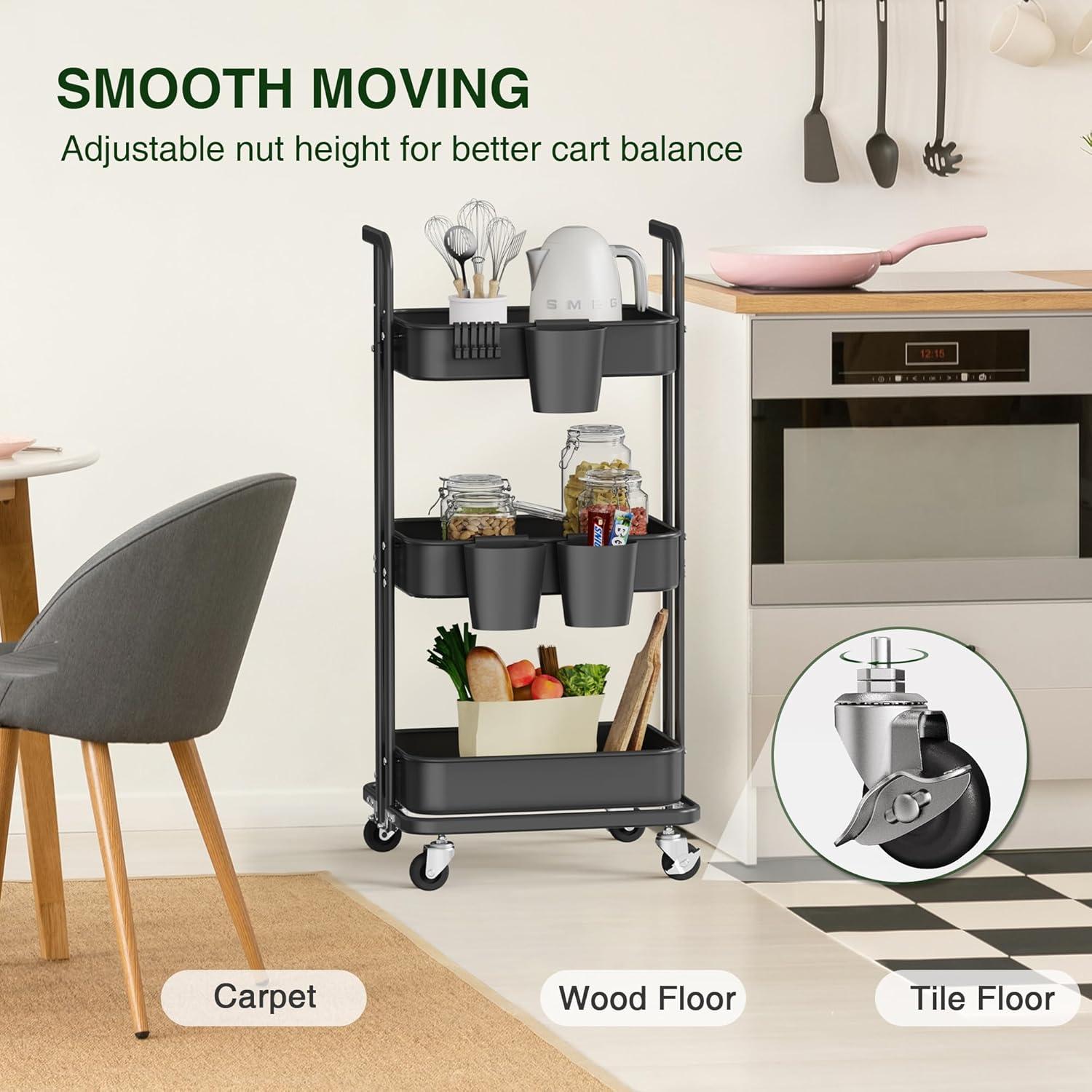 Wharick Foldable Storage Cart 3 Tier Rolling Cart with Wheels Folding Metal Cart Organizer with Handle Utility Cart with Basket for Kitchen Pantry, Classroom, Office