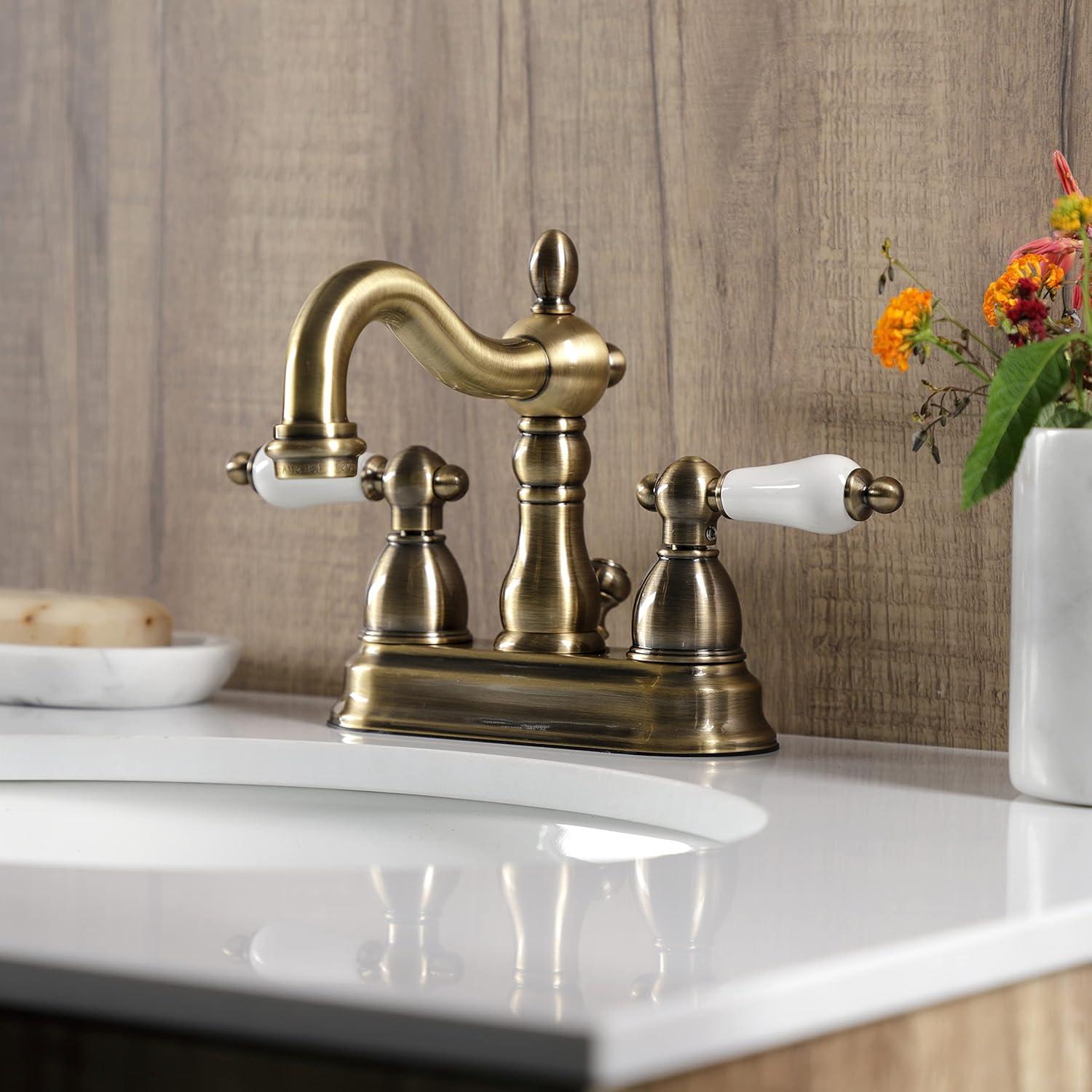 Kingston Brass Heritage Two-Handle 3-Hole Deck Mount 4" Centerset Bathroom Faucet with Plastic Pop-Up