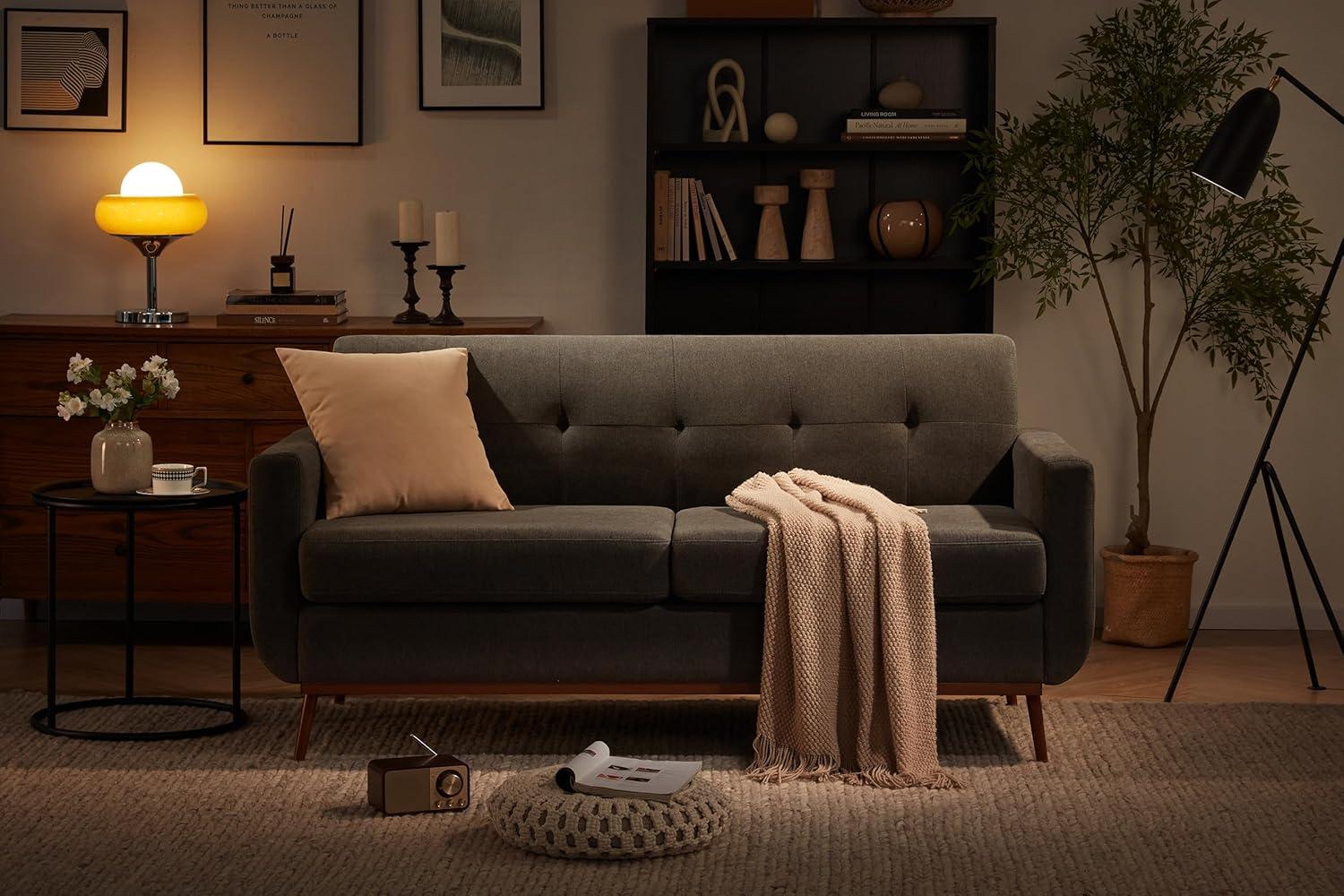 65" Loveseat Sofa, Mid Century Modern Love Seat Couches for Living Room, Comfy Button Tufted Upholstered Sofa Couch for Bedroom, Solid & Easy to Install Small Couch for Small Spaces, Dark Grey