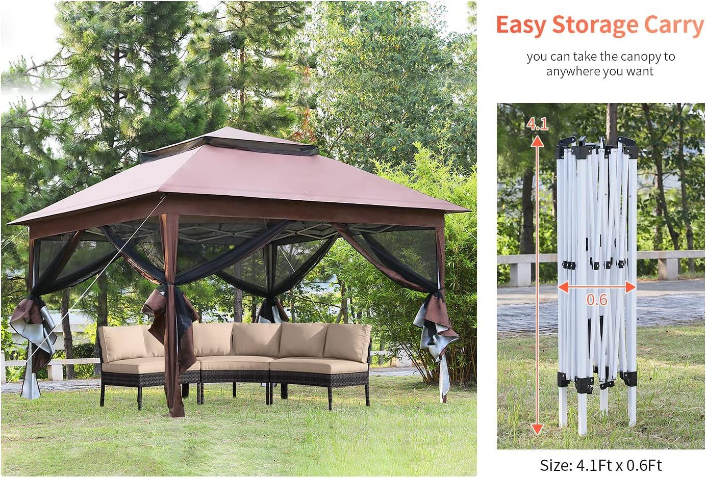 PayLessHere 10'x10' Pop up Gazebo Outdoor Canopy with Mosquito Netting Double Roof Tops ,Brown