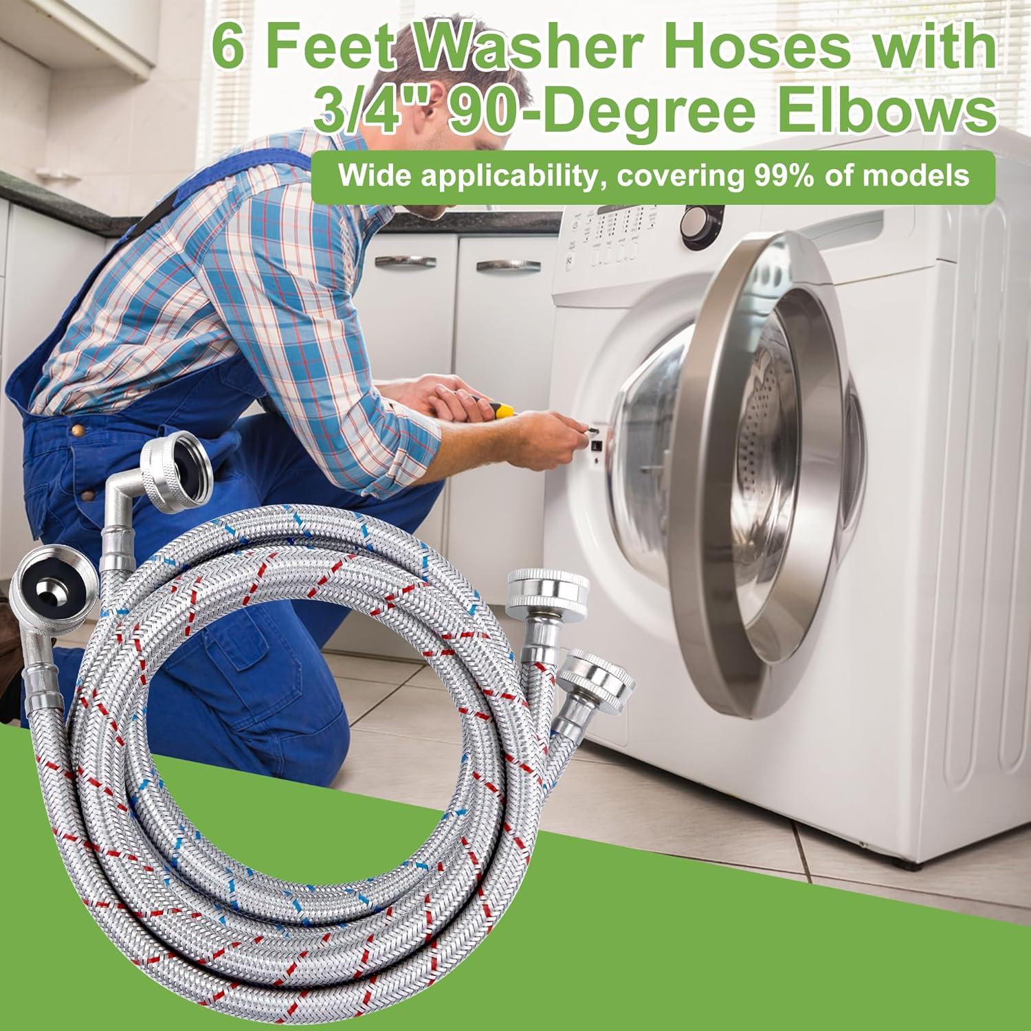 Hippohose 90 Degree Braided Stainless Steel Washing Machine Hose, 2 Pieces 4FT Pack