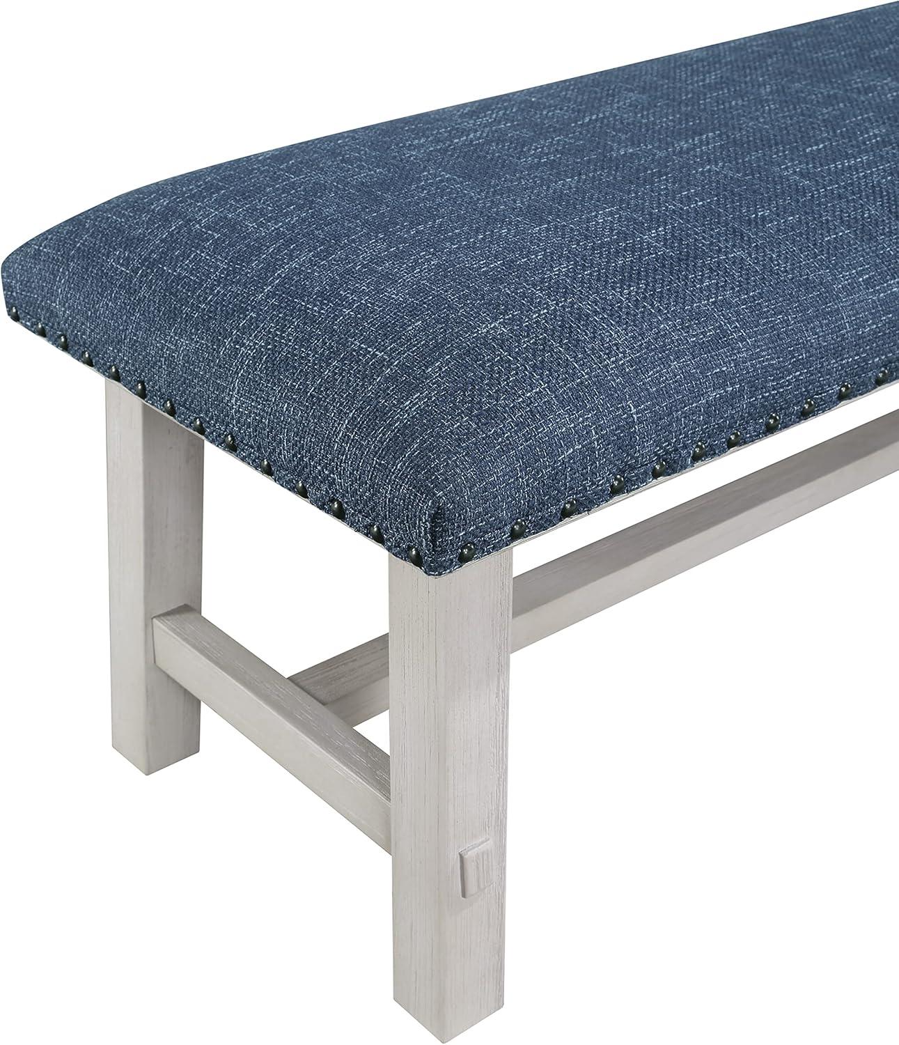 Callen Bench with White Wash Frame and Bronze Nailhead Trim in Navy Fabric