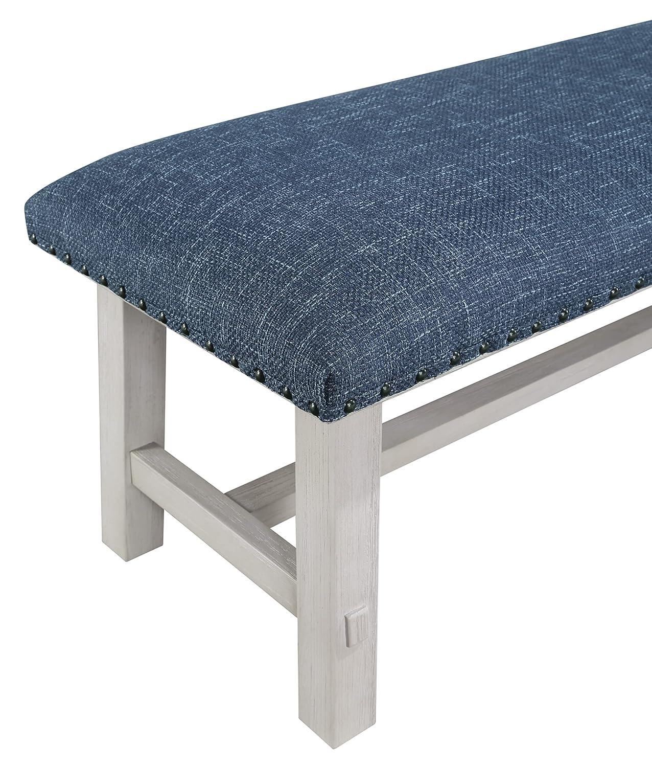 Callen Bench with White Wash Frame and Bronze Nailhead Trim in Navy Fabric