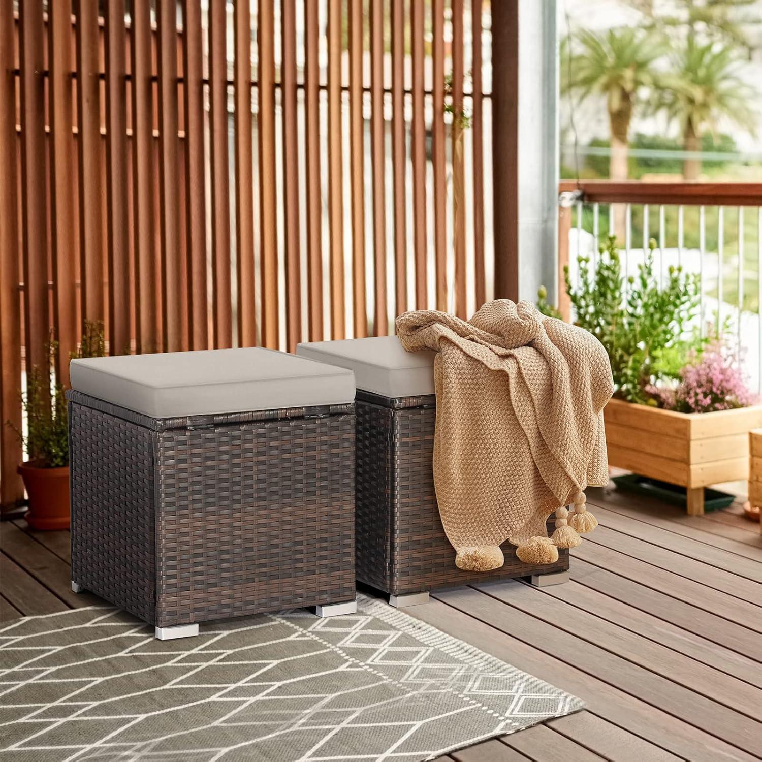 Latitude Run® 2-Pieces Patio Ottoman Set Outdoor Wicker Stool With Storage