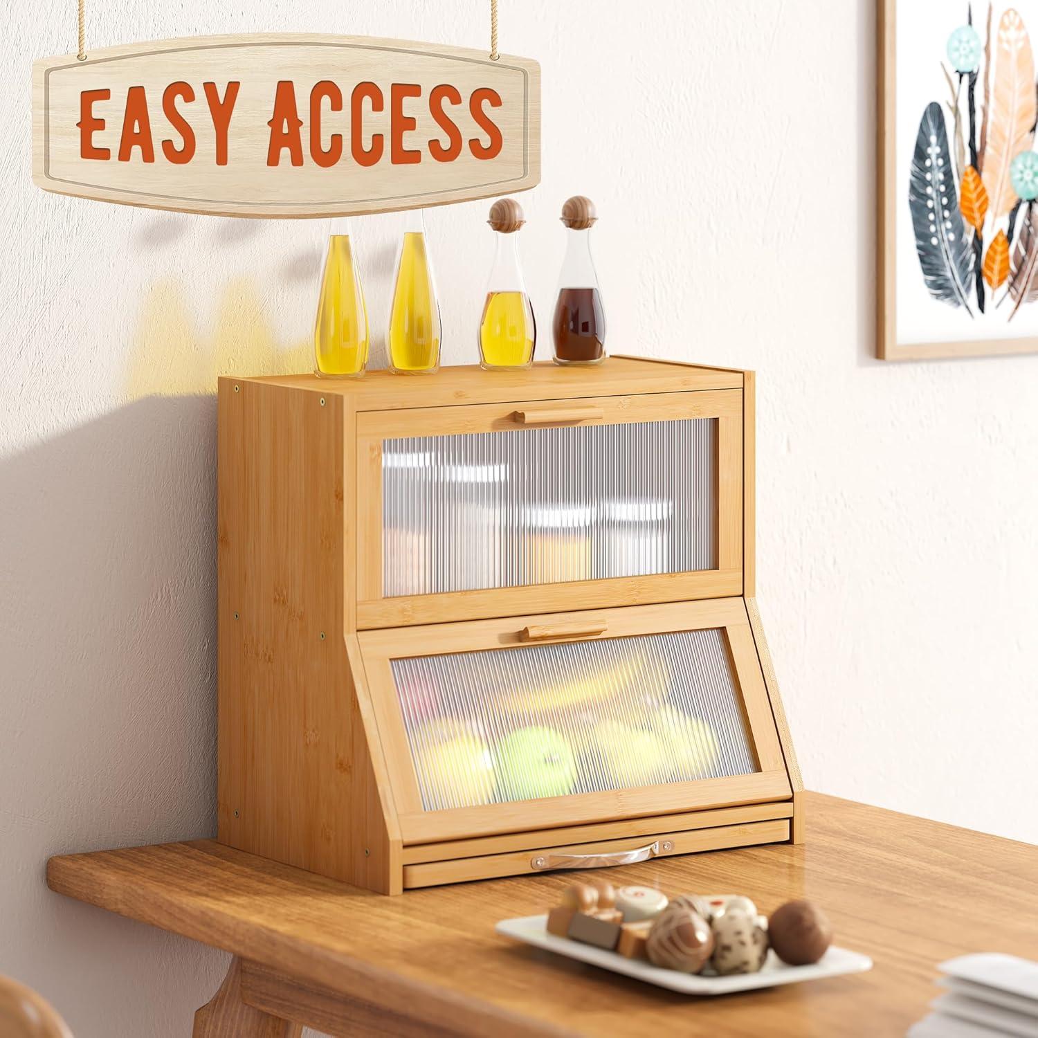 Natural Bamboo Double-Layer Bread Box with Frosted Glass