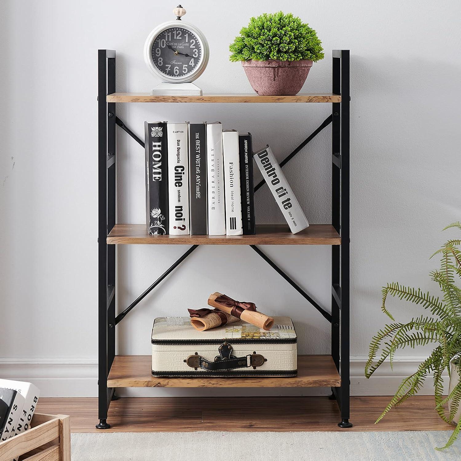 Rustic Brown 3-Tier Wood and Metal X-Frame Bookshelf