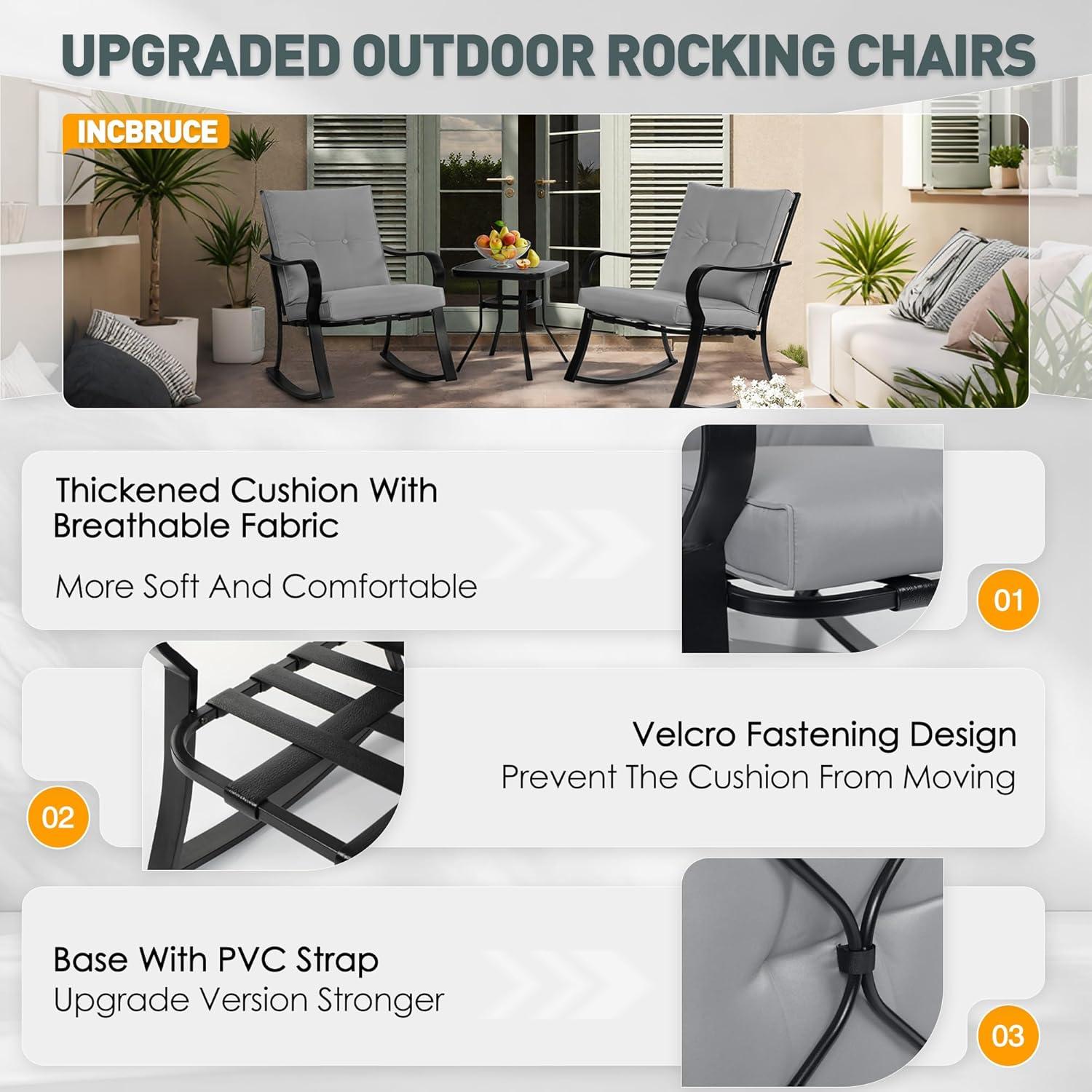 Crownland Outdoor Rocking Chairs Patio Furniture 3 Piece Patio Set Bistro Table Set Black Iron with Thickened Cushions and Glass Coffee Table, Grey