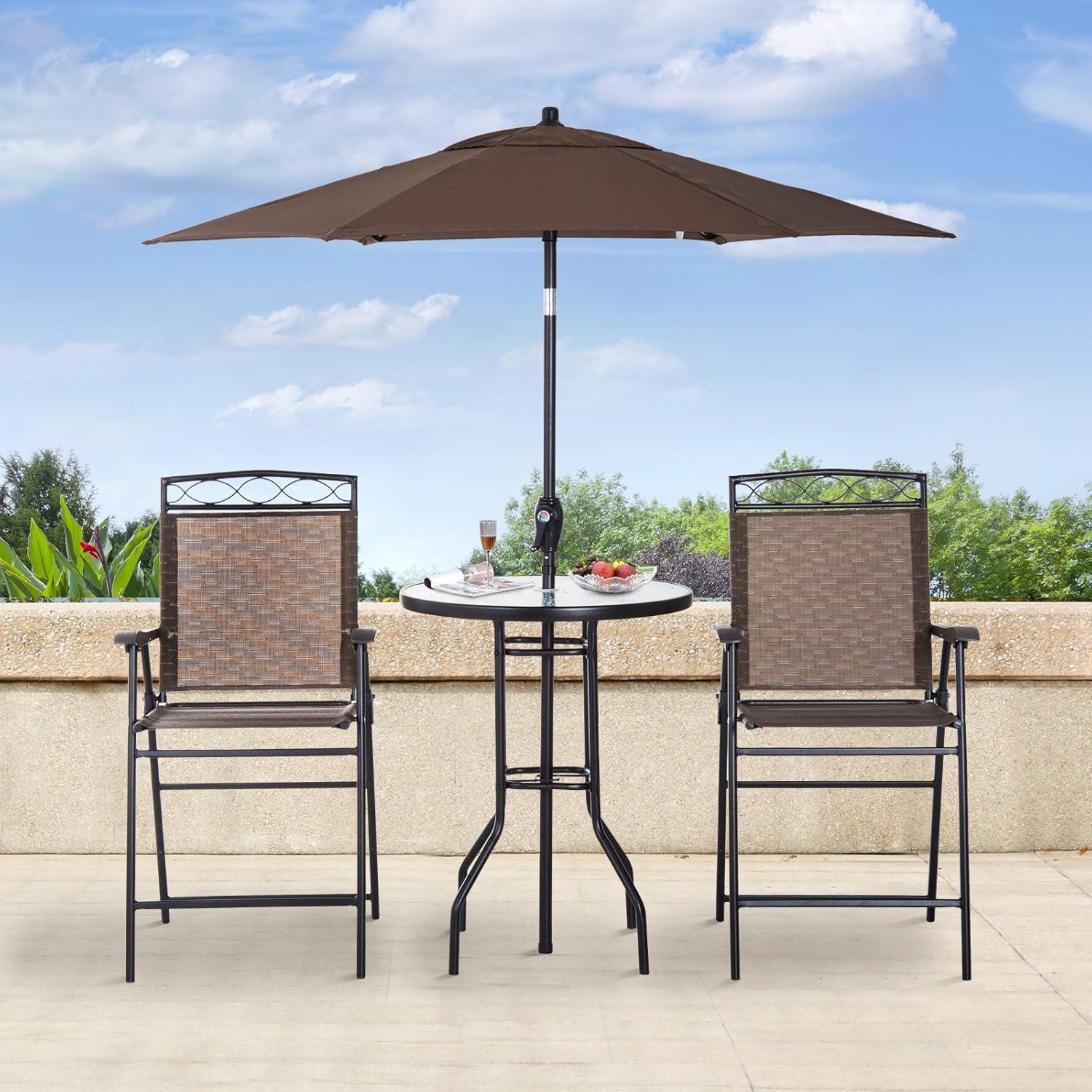 Outsunny 4 Piece Patio Bar Set for 2 with 6' Adjustable Tilt Umbrella, Outdoor Bistro Set with Folding Chairs & Glass Round Dining Table