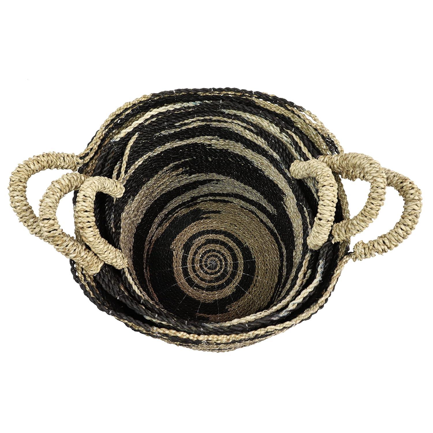 Deco 79 Seagrass Handmade Two Toned Storage Basket with Handles, Set of 3 18", 17", 16"H, Black