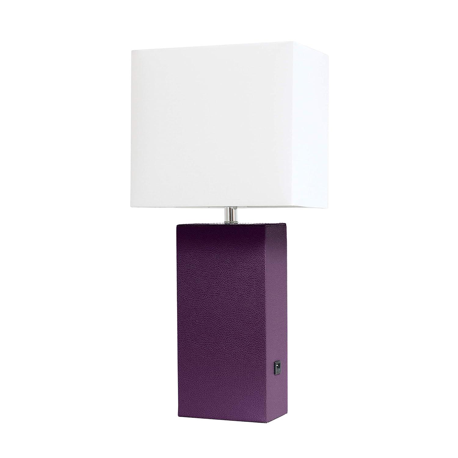 Modern Leather Table Lamp with USB and Fabric Shade Eggplant - Elegant Designs: No Assembly, UL Listed