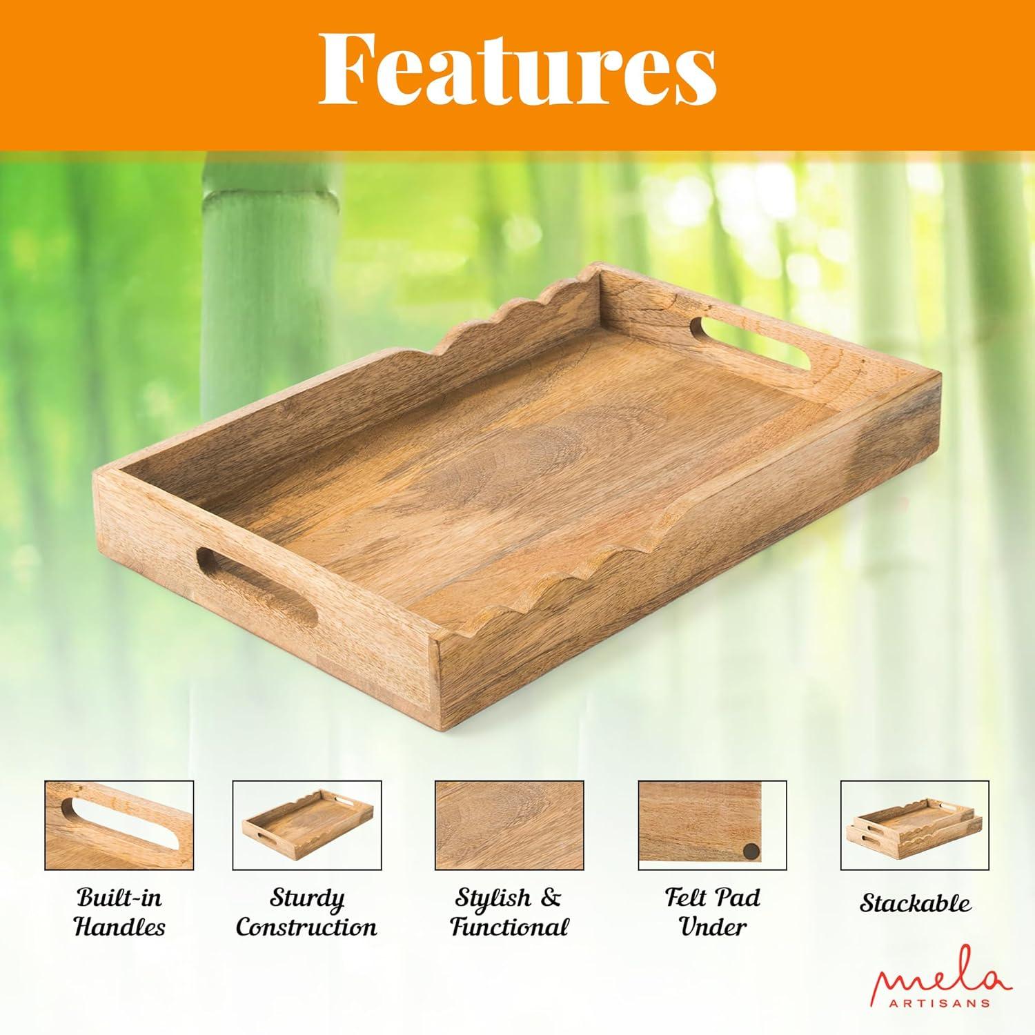 Mela Artisans Serving Tray with Elegant Scalloped Edges, Natural | 15" x 10" x 1.75" | Handcrafted Mango Wood Tray, Perfect for Breakfast, Tea/Coffee Serving, Home Décor, or Organizing