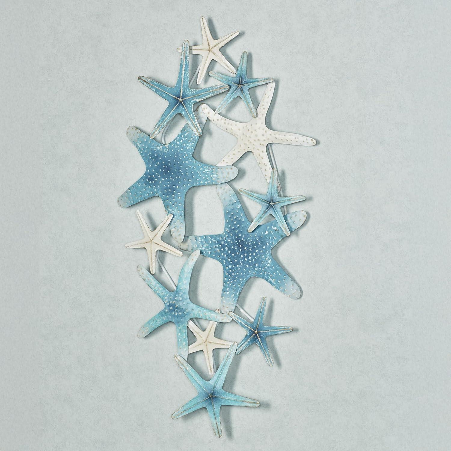 Starfish Cluster Oceanic Metal Wall Sculpture | Handpainted Coastal Blue, Antique White, and Metallic Gold Hues | Layered, Textured Starfish Beach Collage Wall Art | Hangs Horizontally or Vertically