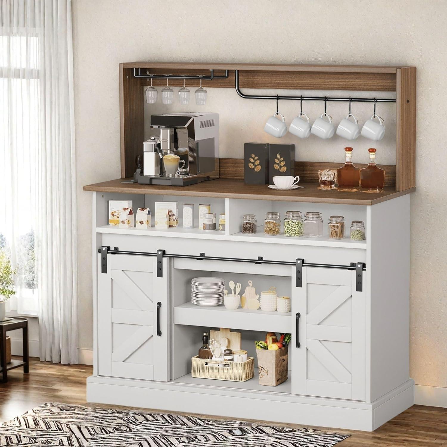 Gracie Oaks Gracie Oaks Farmhouse Coffee Bar Cabinet with Power Outlets, Goblet Holder & Sliding Barn Doors
