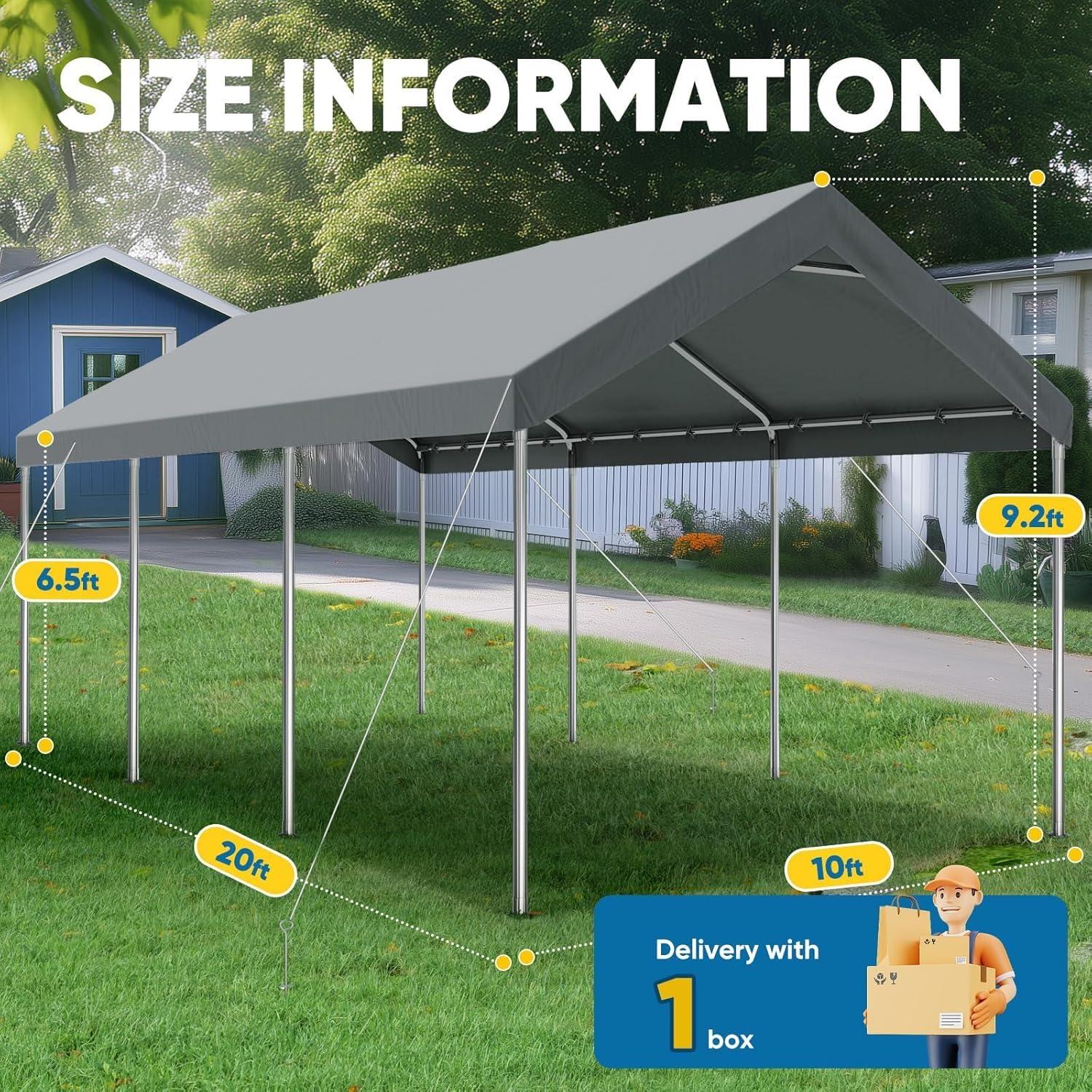 Quictent 10x20 ft Heavy Duty Carport Canopy Galvanized Car Tent Outdoor Garage Boat Shelter with Reinforced Structure, No Sidewall - Grey