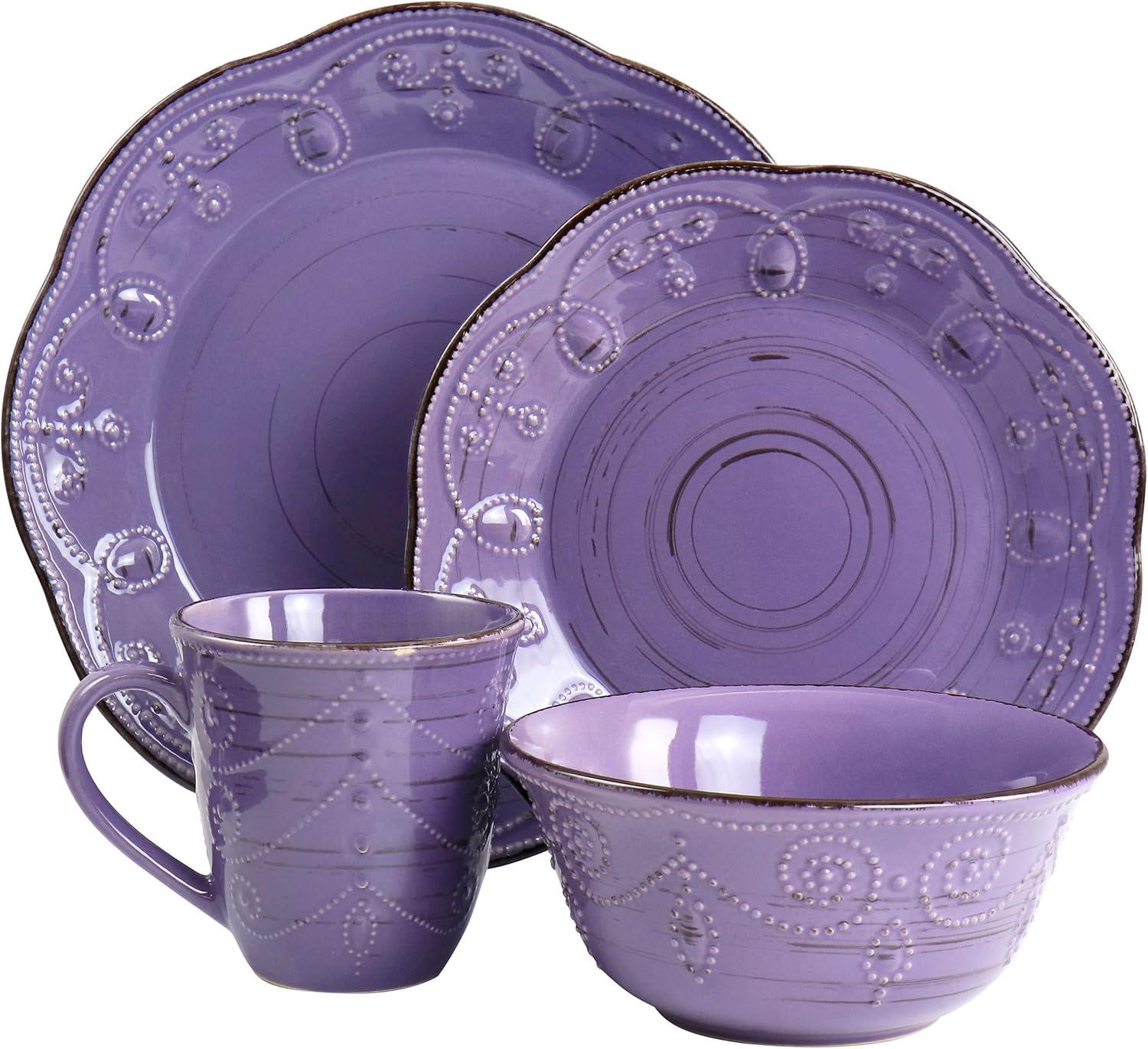 Elama Rustic Birch 16 Piece Stoneware Dinnerware Set in Purple