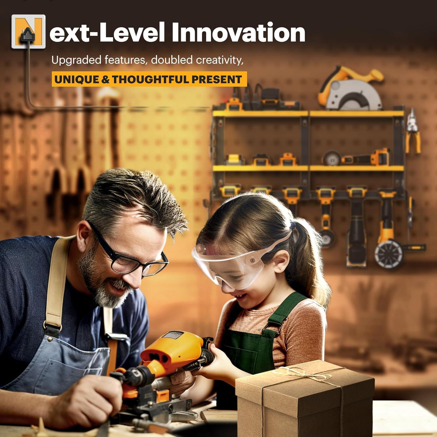 Spampur Power Tool Organizer Wall Mount with Charging Station, Garage Tool Shelf 6 Drill Holders, Tool Battery Holder with Plier holder Heavy Duty Rack, Tool Storage Rack with 4 Outlet Power Strip