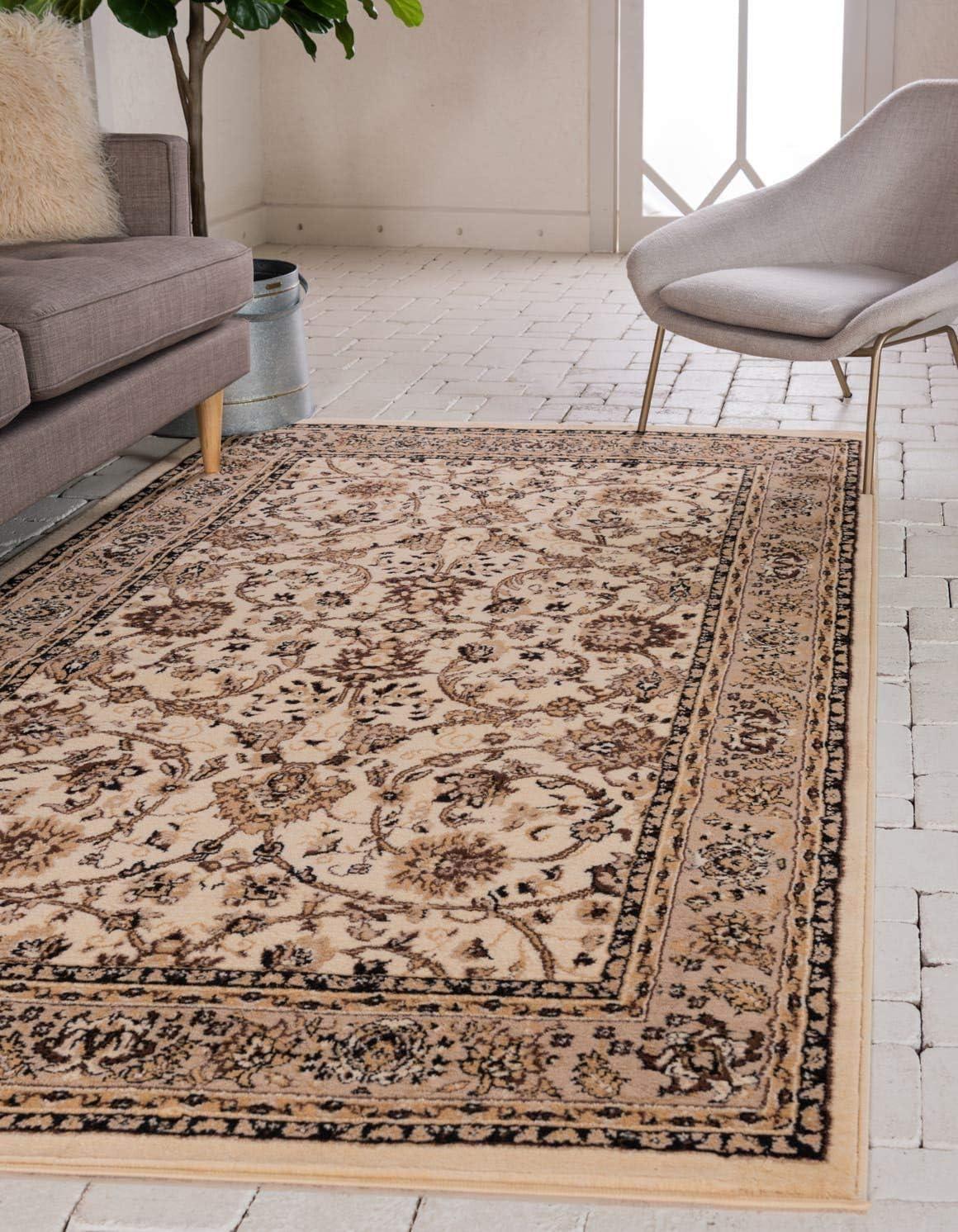 Ivory and Tan Reversible Synthetic 6' x 9' Easy-Care Rug