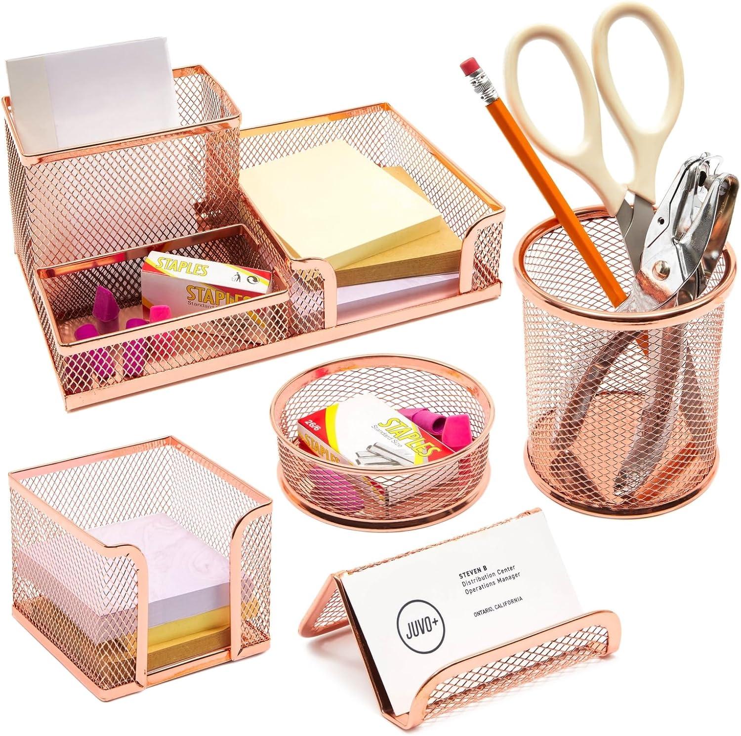 Paper Junkie Rose Gold Desk Organizer Set for Home and Office Supplies, Accessories with Pen, Pencil, Business Card, Note, and Clip Holders