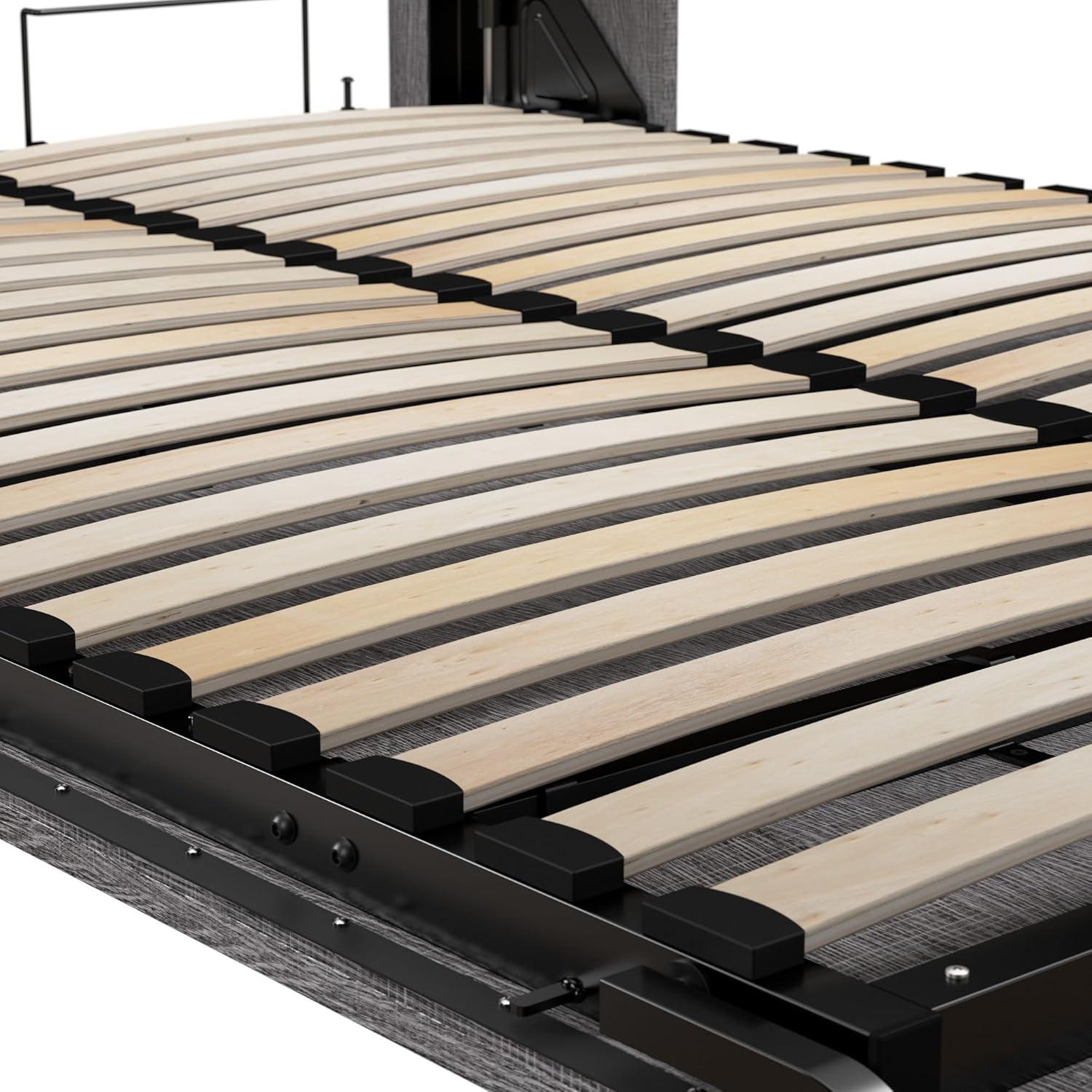 Gray Wood Queen Murphy Bed with Upholstered Frame and Drawer