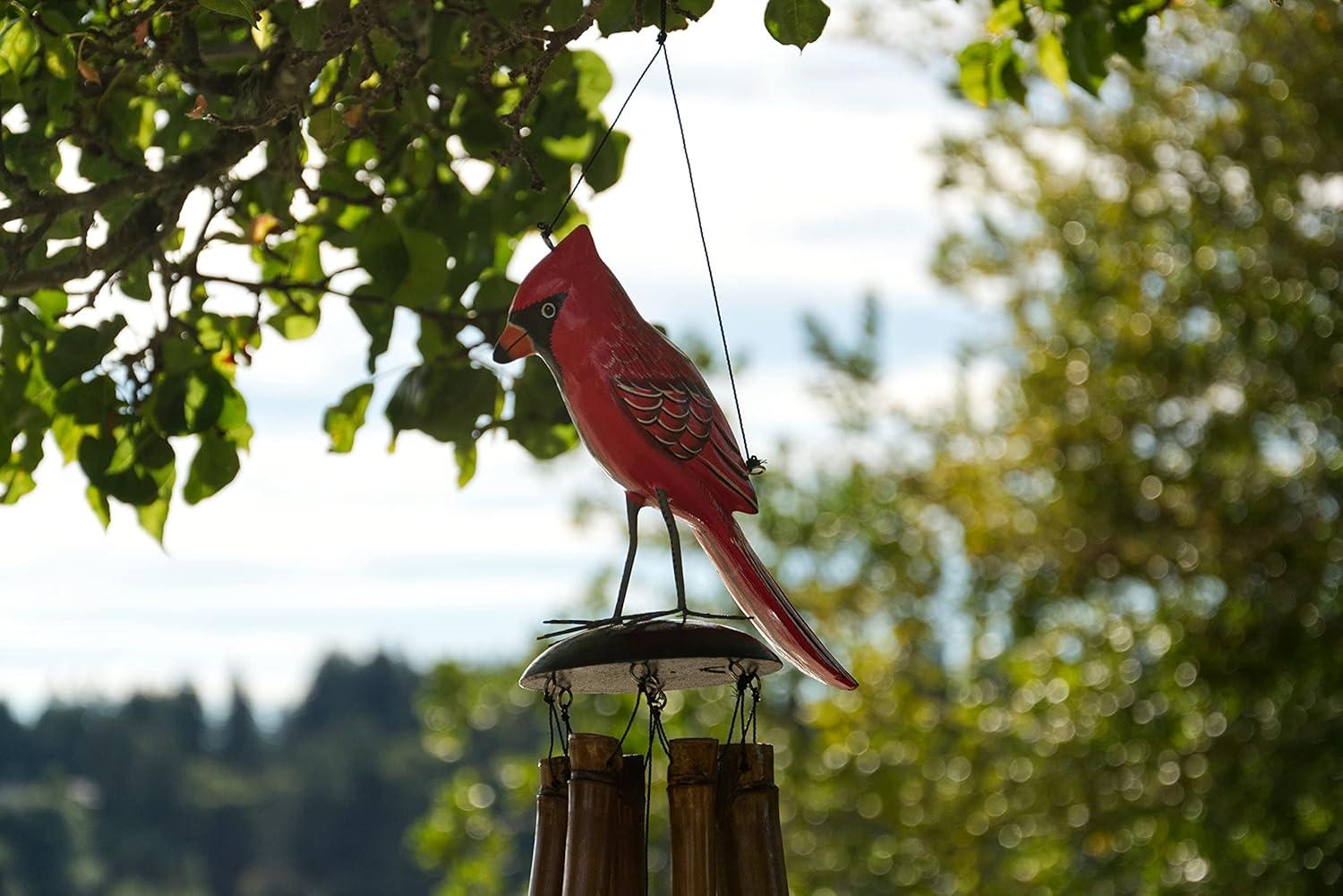 Hand-Painted Red Cardinal Bamboo Wind Chime with Coconut Wood