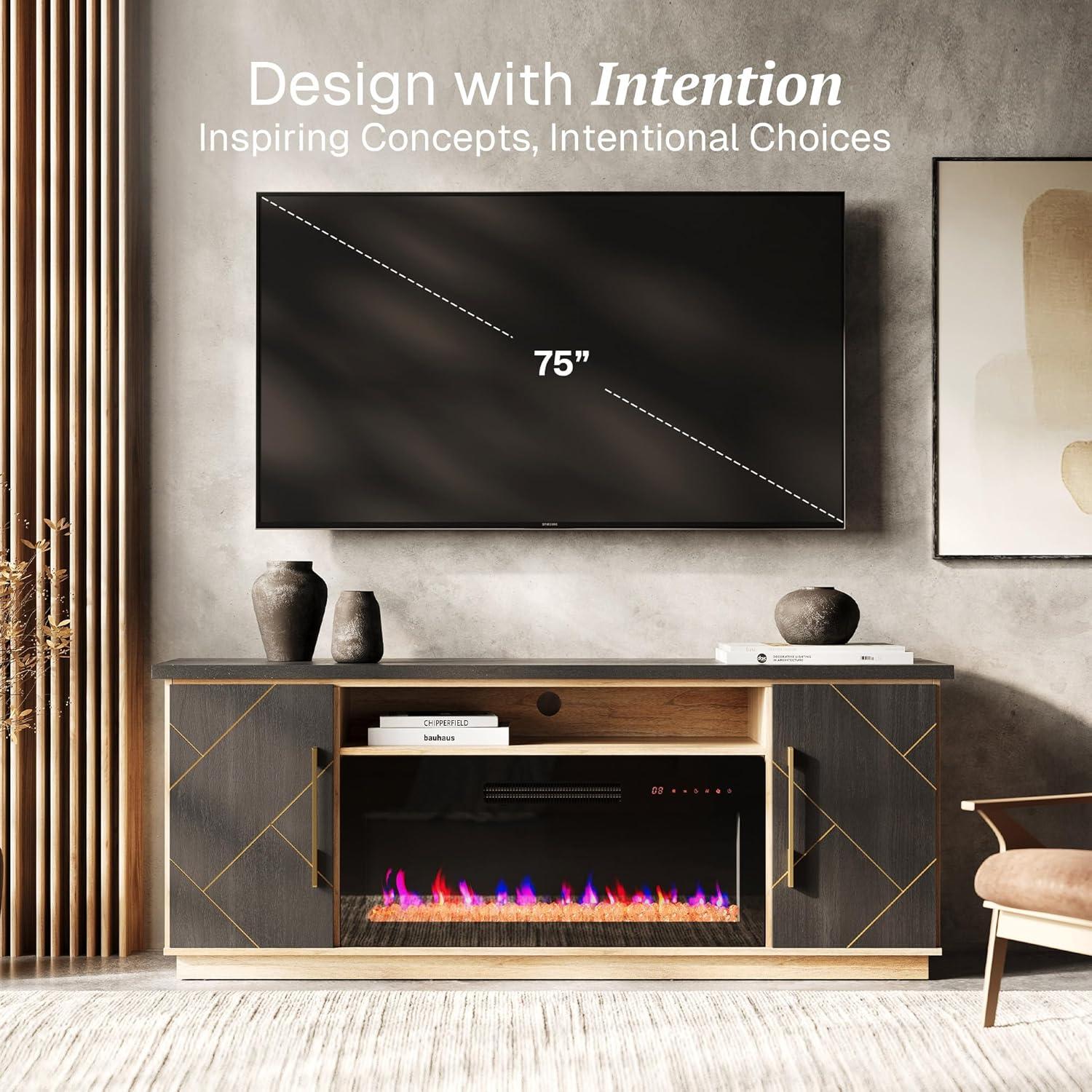 BELLEZE 68 Inch Electric Fireplace TV Stand With Gold Grim, Elegant Entertainment Center With Storage, Media Console With Drawers & Open Shelves for Living Room, Bedroom Home Theater (Espresso Black)