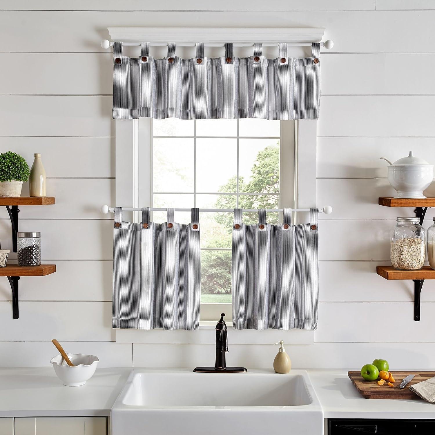 Elrene Tucker Ticking Stripe Kitchen Curtain Tier Set Black 30"w x 24"l