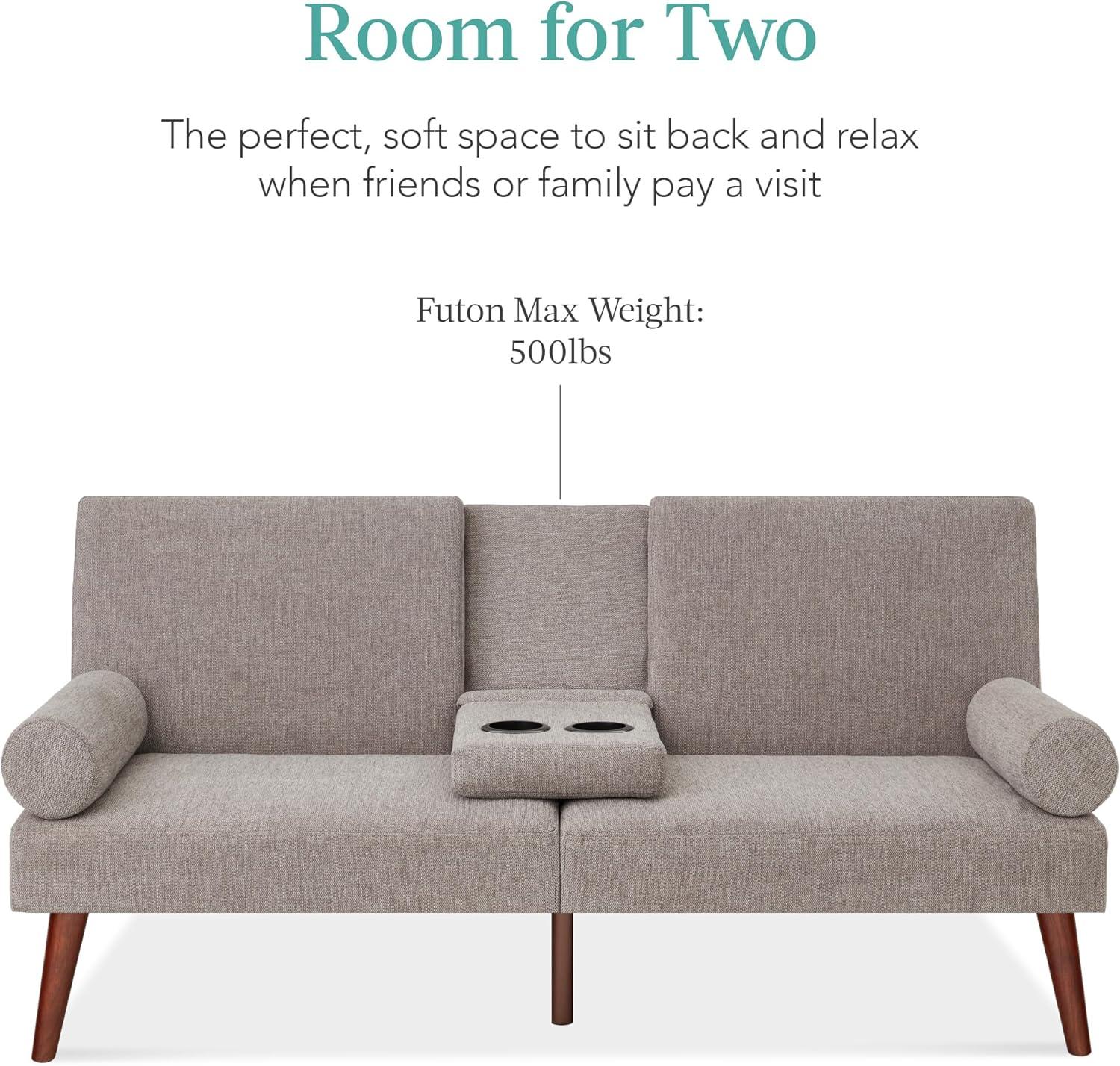 Best Choice Products Fabric Upholstered Convertible Futon w/ Rounded Armrests, Wooden Legs, 2 Cupholders - Gray