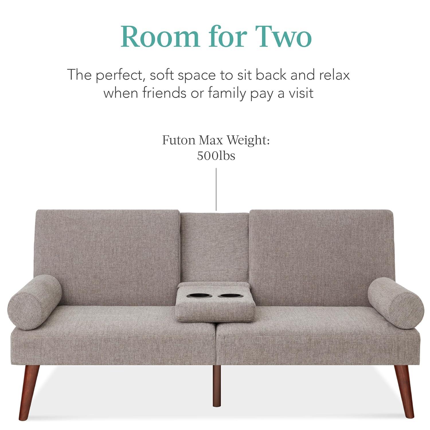 Best Choice Products Fabric Upholstered Convertible Futon w/ Rounded Armrests, Wooden Legs, 2 Cupholders - Gray