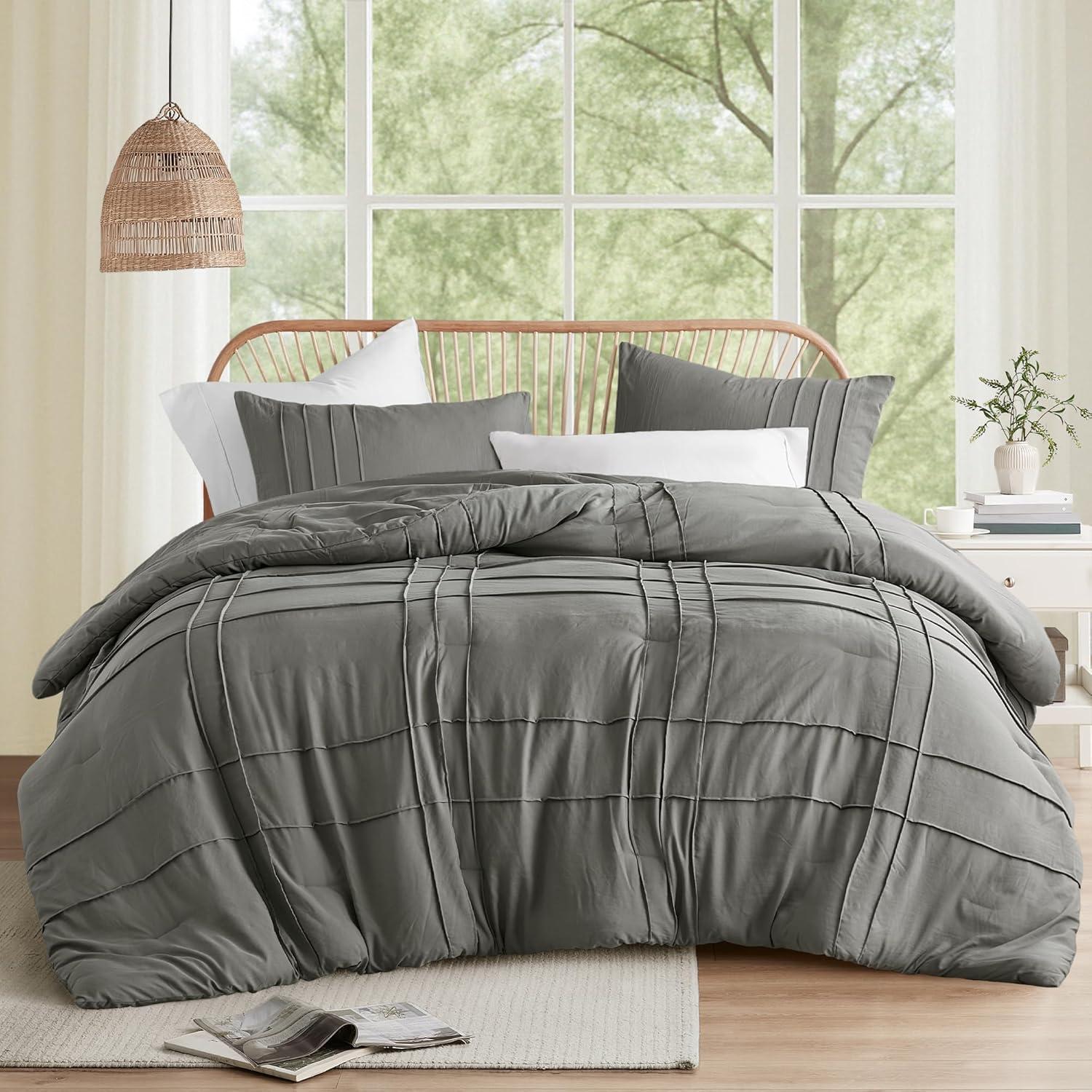 Regency Heights Twin/Twin XL Comforter Set, Boho 2-Piece Pintuck Stitching Dorm Bedding Set, Soft Washed Pleated Bed Sets with Pillow Sham Grey