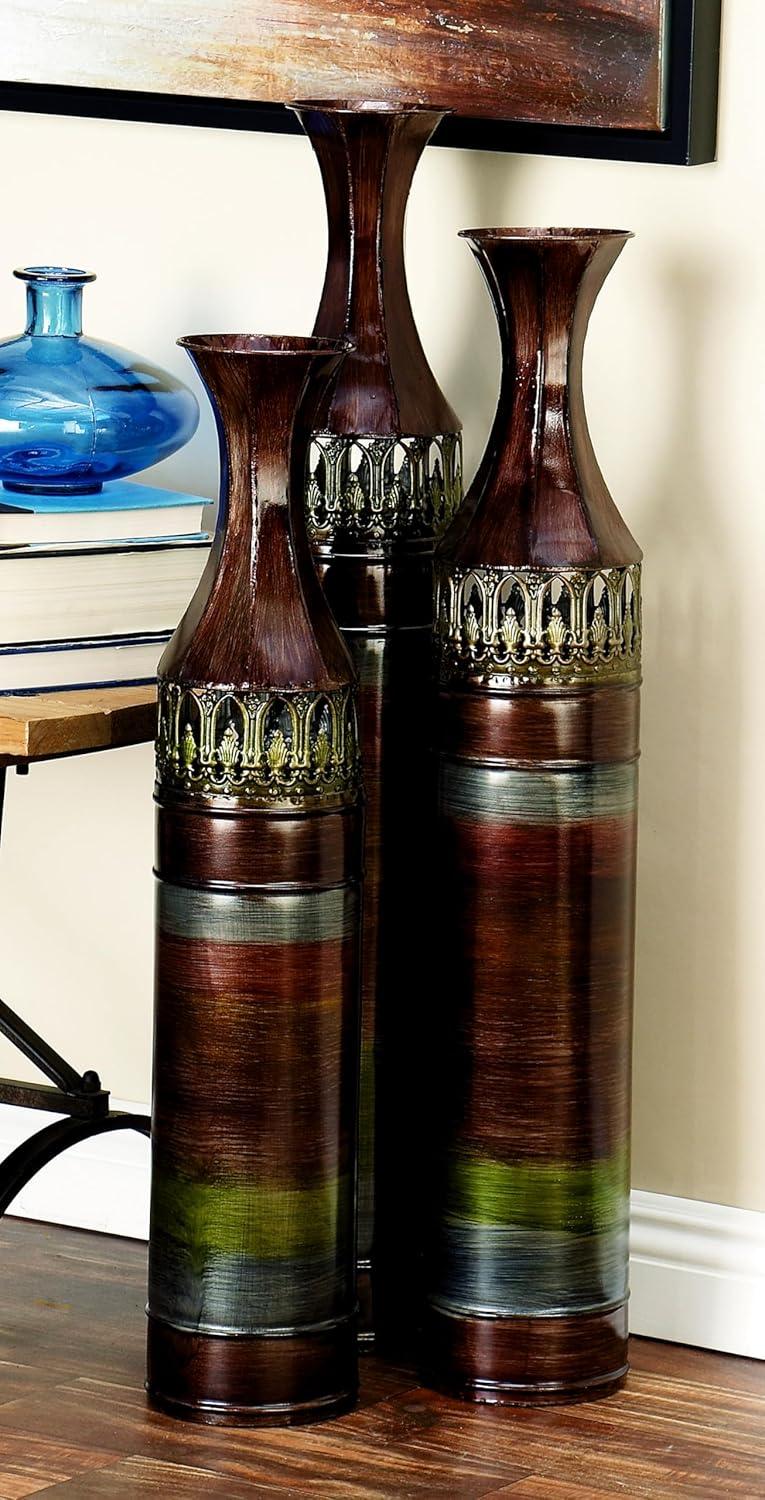 DecMode 34", 31", 28"H Tall Ombre Bronze Metal Vase with Laser Cut Antefix Design, Set of 3