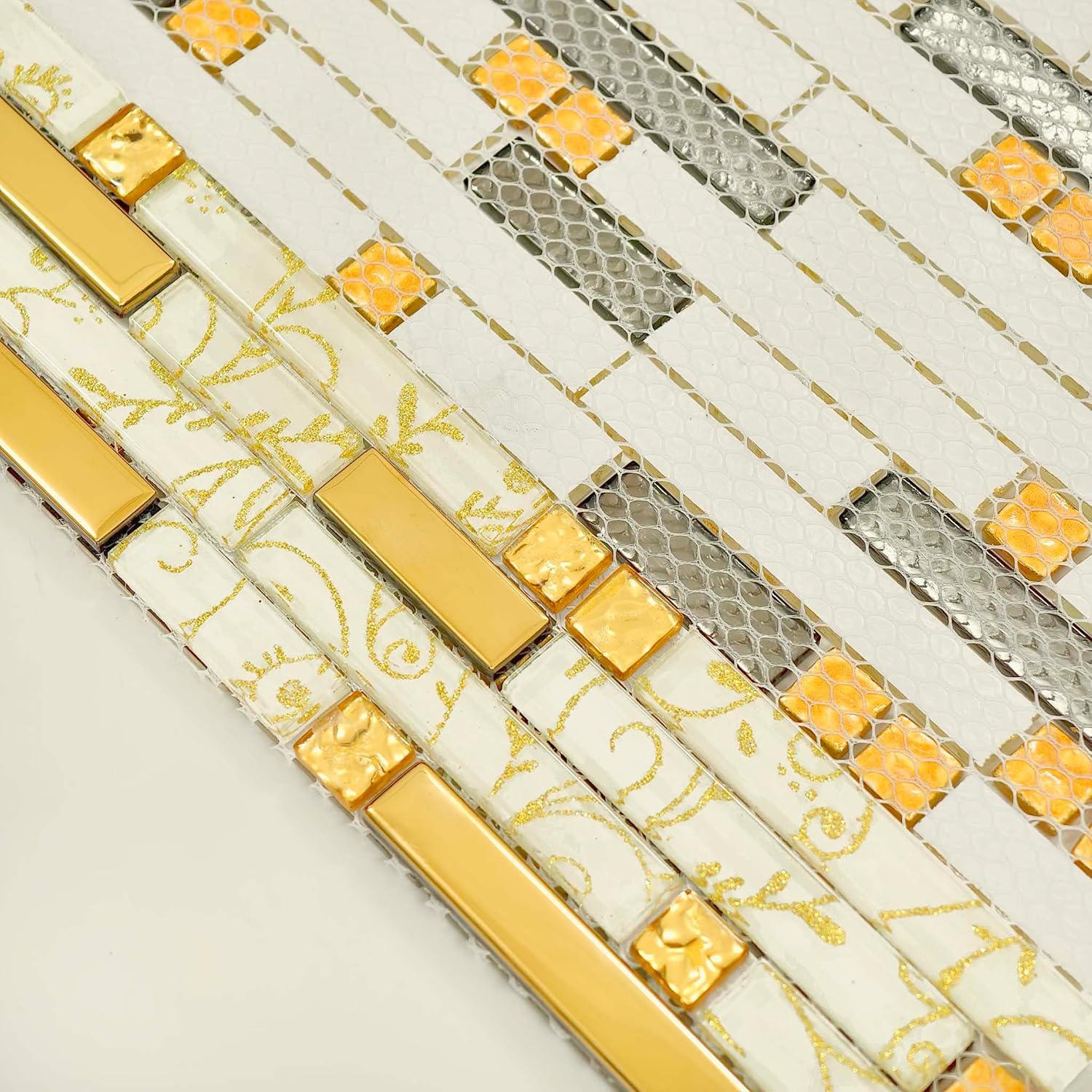 Metallic Glass Tile Luxury Gold Linear Interlocking Elegant Floral Pattern Accents Mosaic for Kitchen Backsplash Bathroom Wall and Fireplace Decor (3x12 Sample)