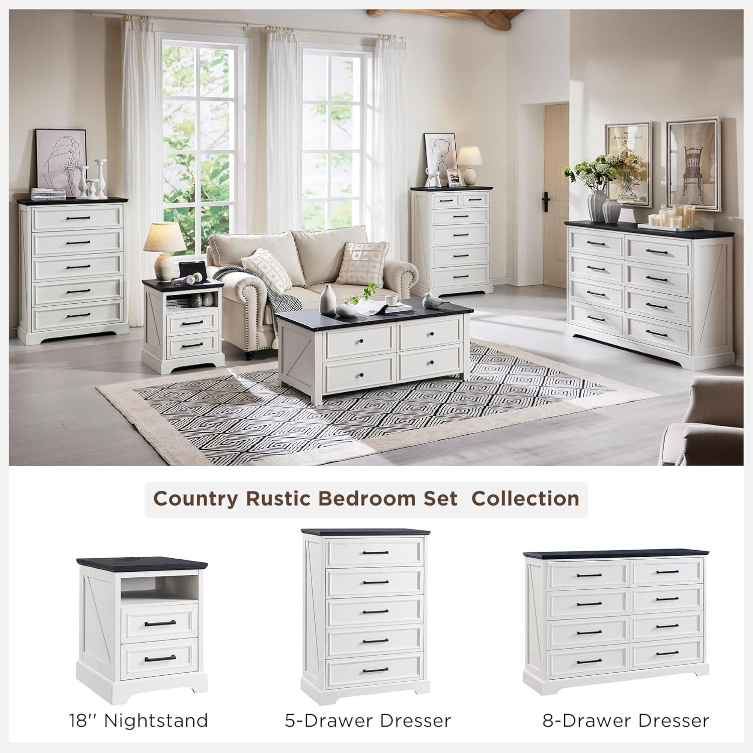 18" Farmhouse Nightstand with Charging Station, End Table with 2 Drawers Storage for Bedroom, Living Room, White