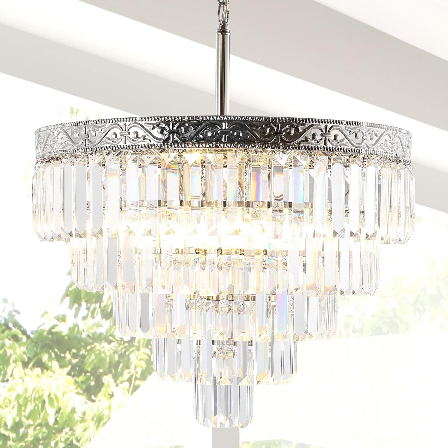 JONATHAN Y JYL9007A Wyatt 20" 4-Light Crystal LED Chandelier, Contemporary, Classic, Traditional for living room, dinning room, bedroom, office Bulb Included, Polished Nickel/ Clear