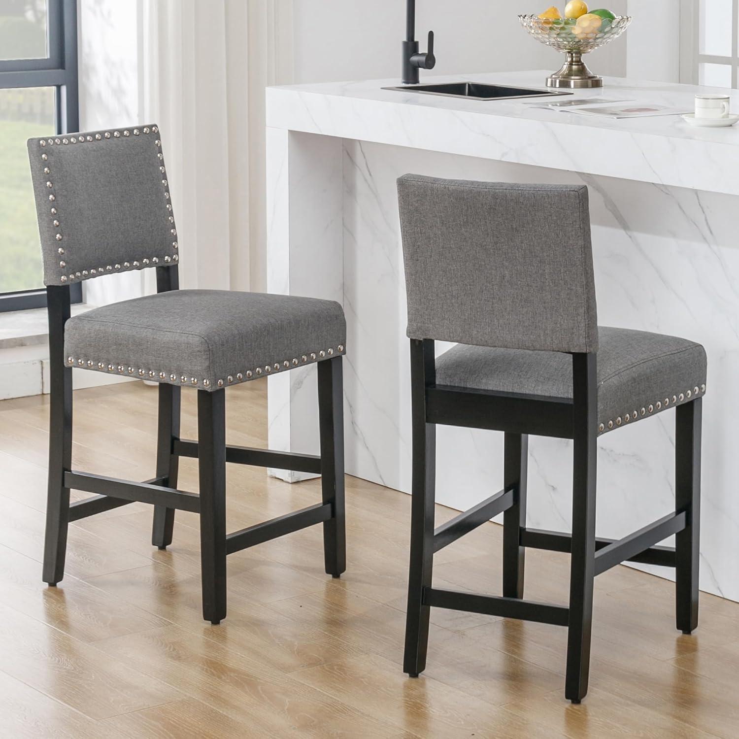 DAGONHIL 24 inch Bar Stools Set of 2, Counter Height Stools, Fabric Upholstered Barstools with Back and Wood Leg, Armless Dining Chairs with Silver Copper Nail for Kitchen Island Pub Living Room(Gray)