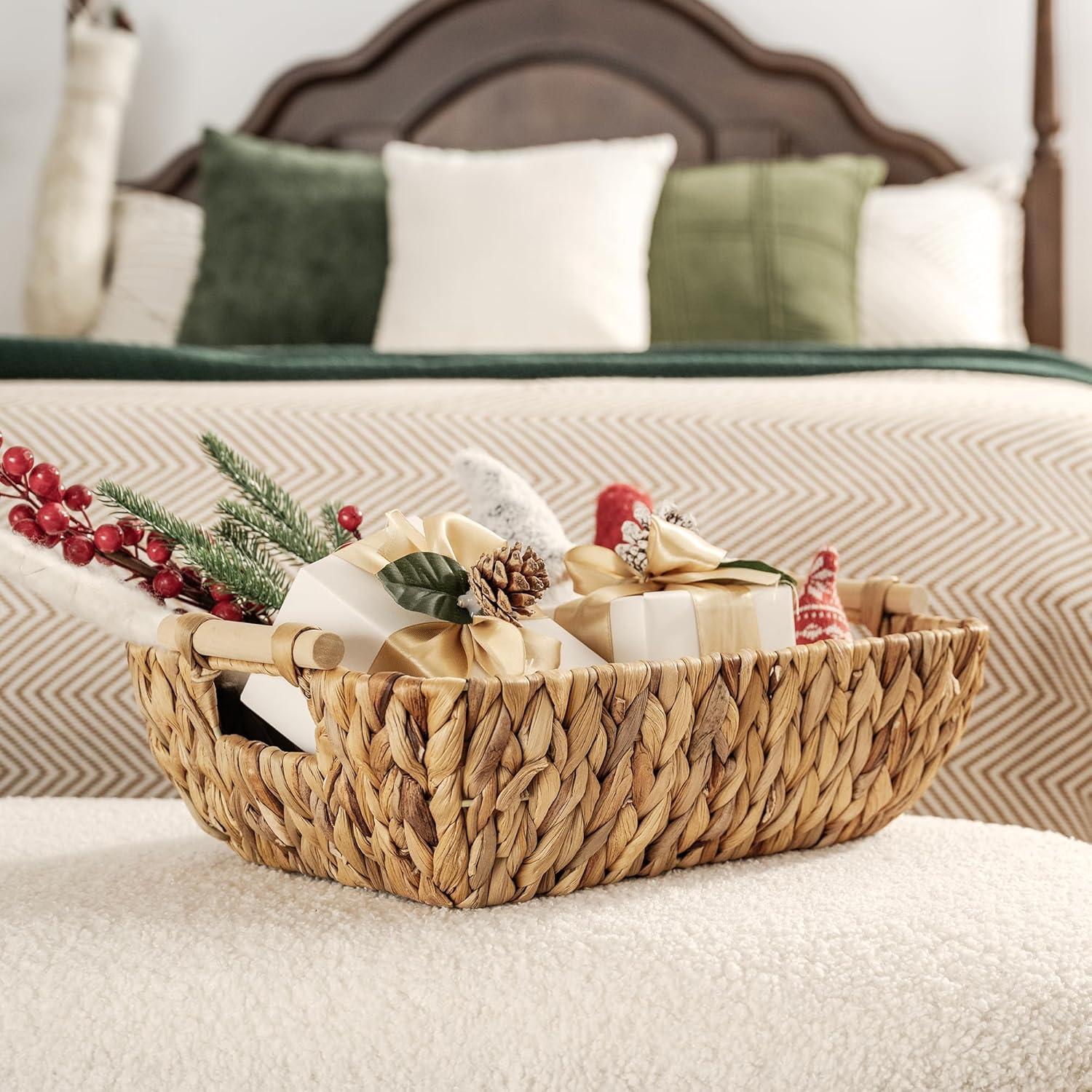 Natural Water Hyacinth Wicker Storage Baskets with Wooden Handles, 2-Pack