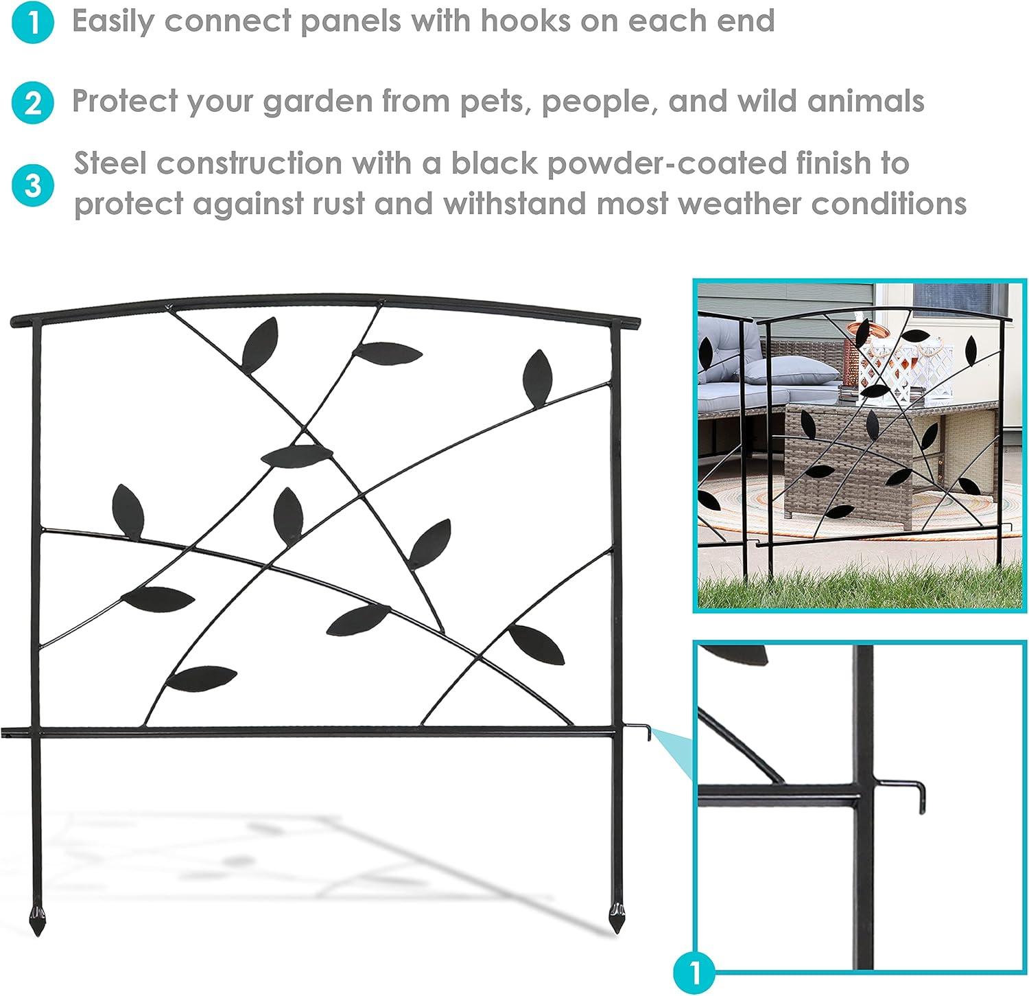 Sunnydaze Outdoor Lawn and Garden Metal Modern Leaves and Vines Decorative Border Fence Panel Set - 10' - Black - 5pk