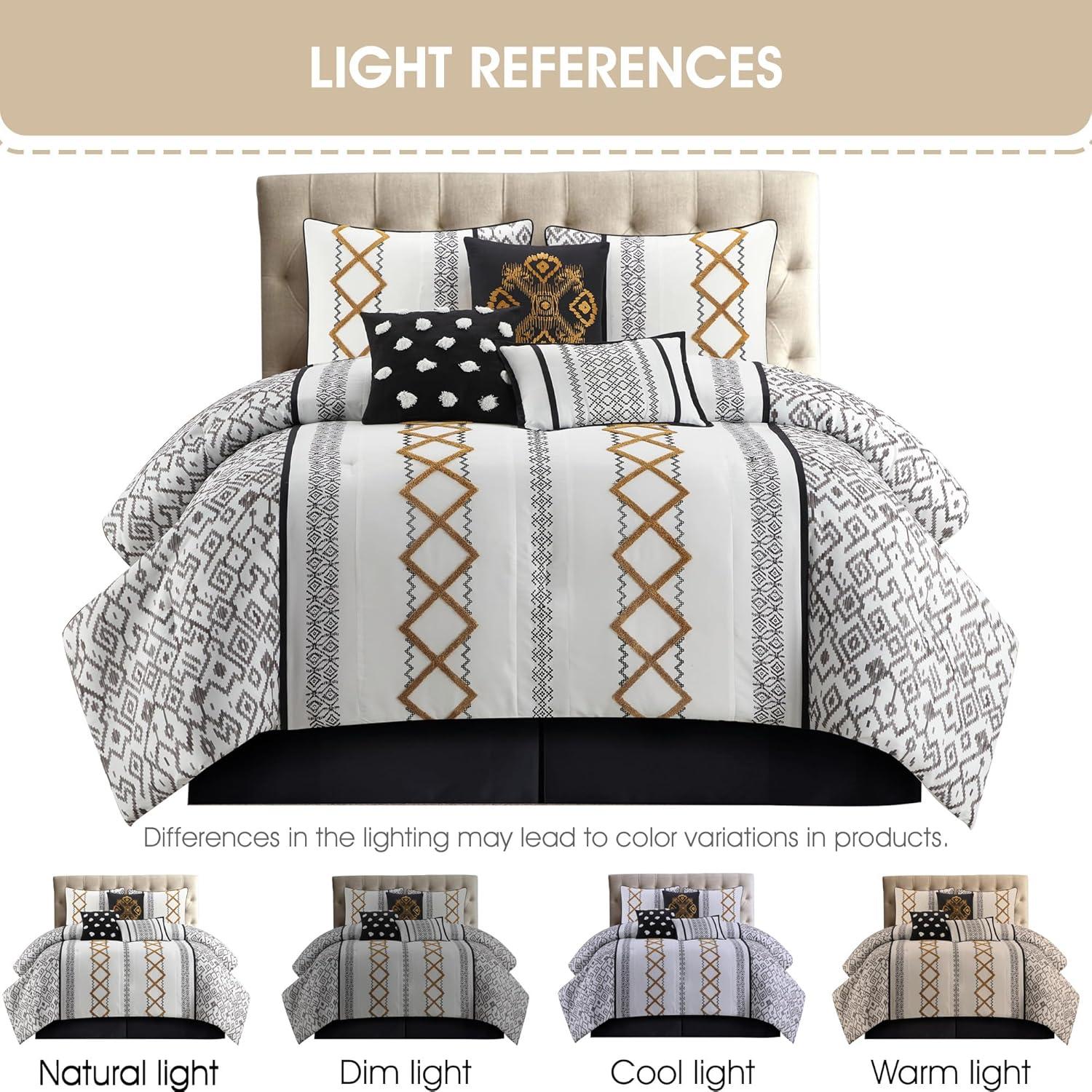 Lanco Luxury Black Gold Comforter Set California King Size , 7 Piece Terry embroidery, All Season Bedding Set