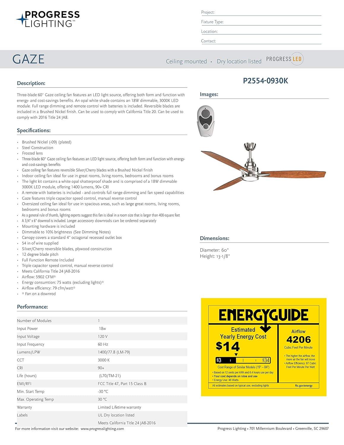 Gaze Collection 60" LED Three-Blade Ceiling Fan