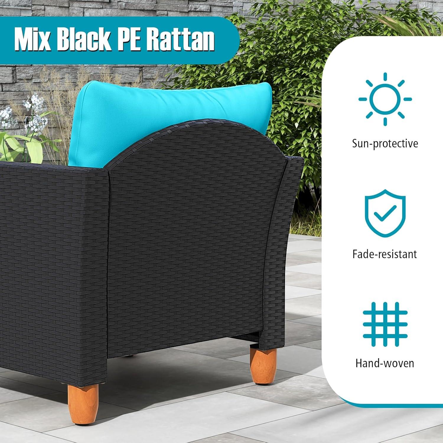 Tangkula 3PCS Patio Rattan Conversation Set Outdoor Furniture Set w/ Turquoise Cushions