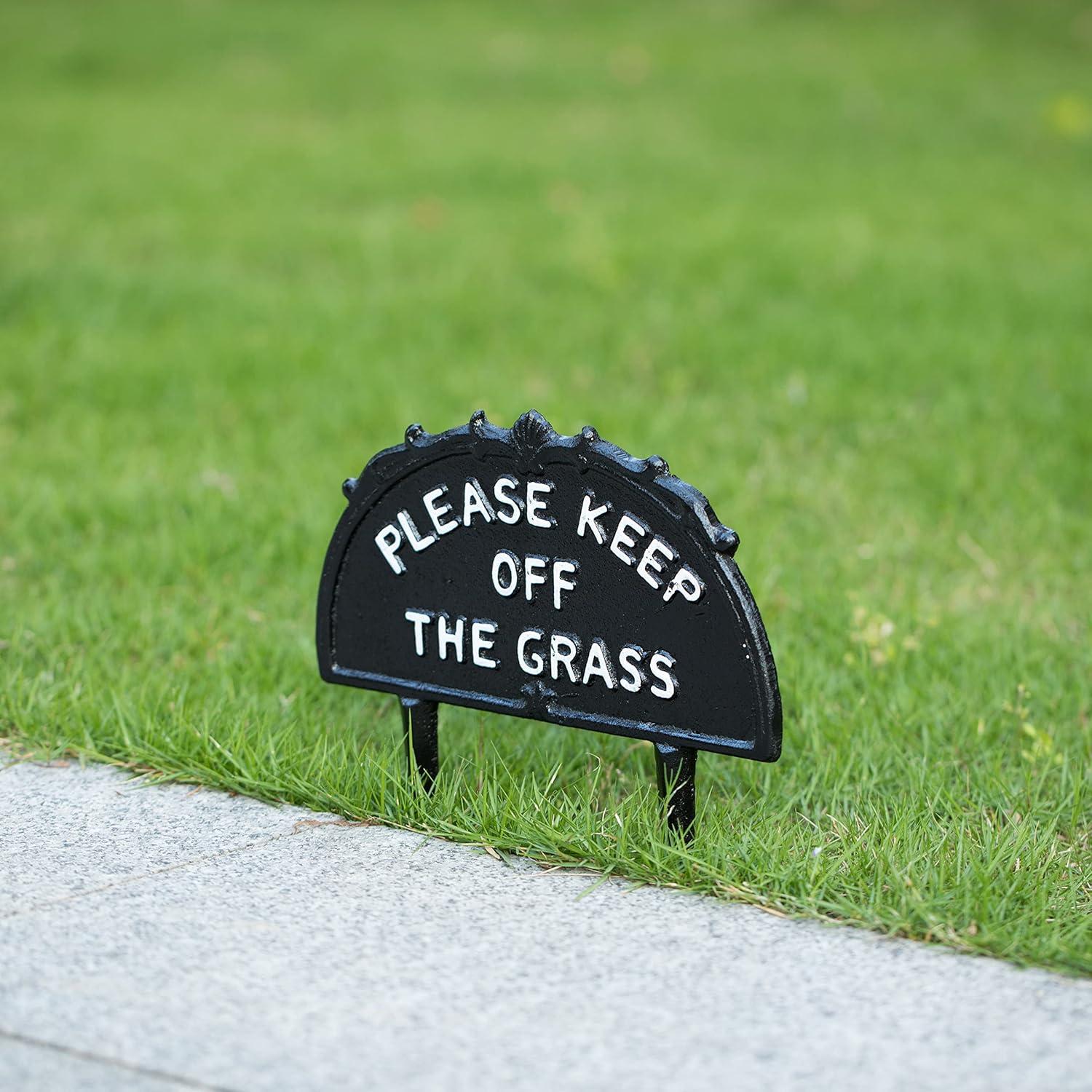 Gardenised Please Keep Off the Grass Post, Outdoor Warning Ground Cast Iron Stake