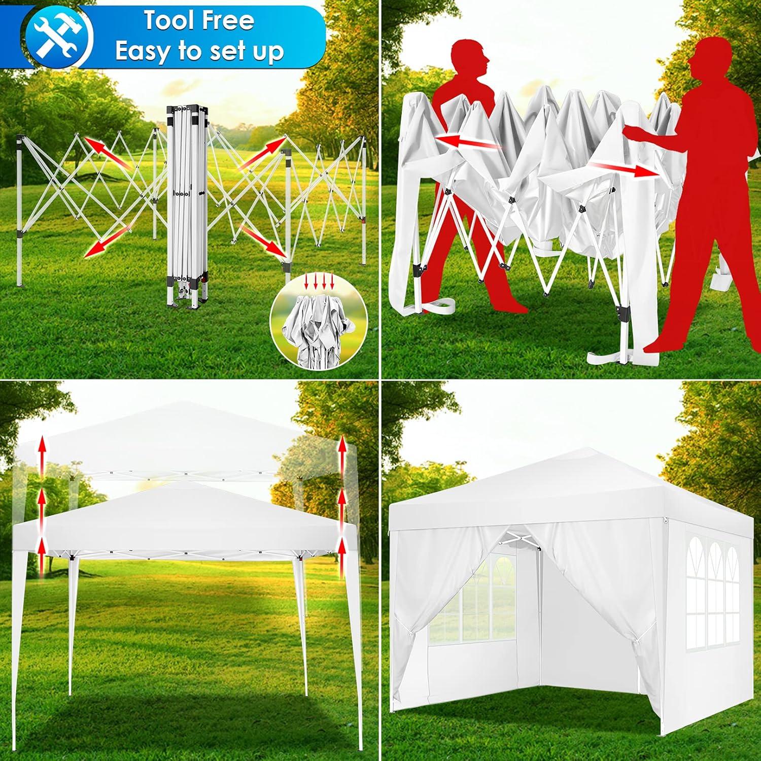 HOTEEL Canopy 10x10 Waterproof Pop up Canopy Tent with 4 Sidewalls Outdoor Event Shelter Tent for Parties Sun Shade Party Commercial Canopy with Air Vent & Carry Bag,White