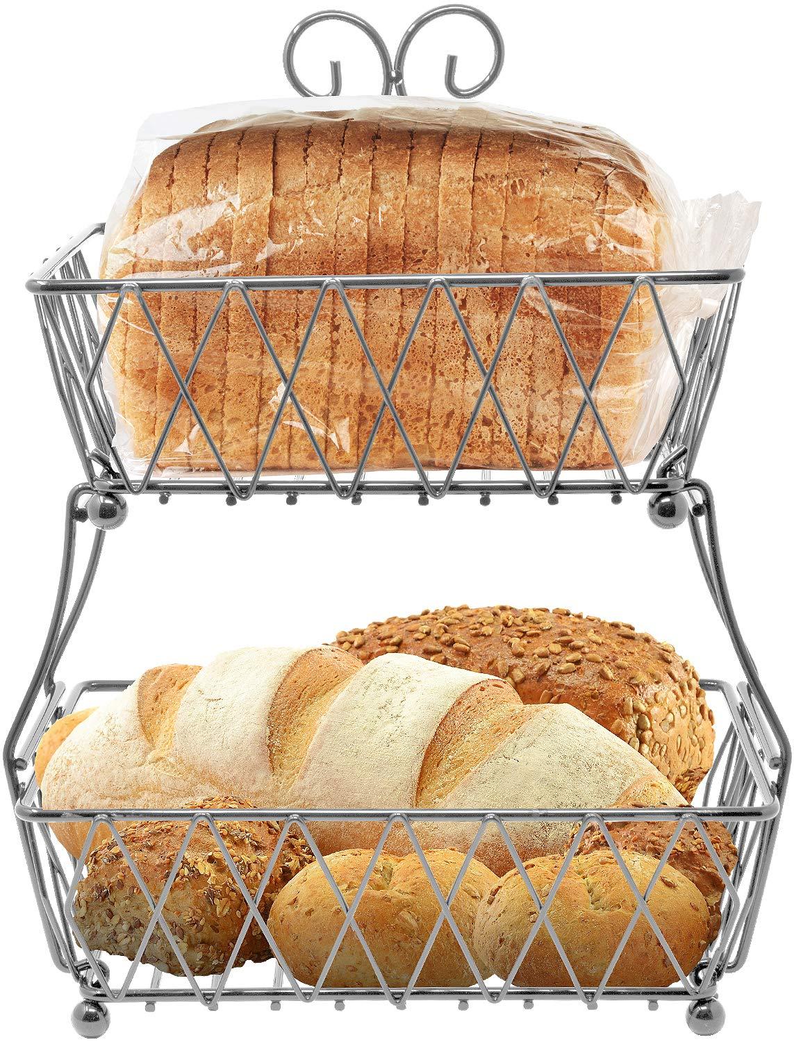 2-Tier Fruit Bread Basket Display Stand, Counter Storage for Kitchen, Bathroom, Rectangular Antique Metal