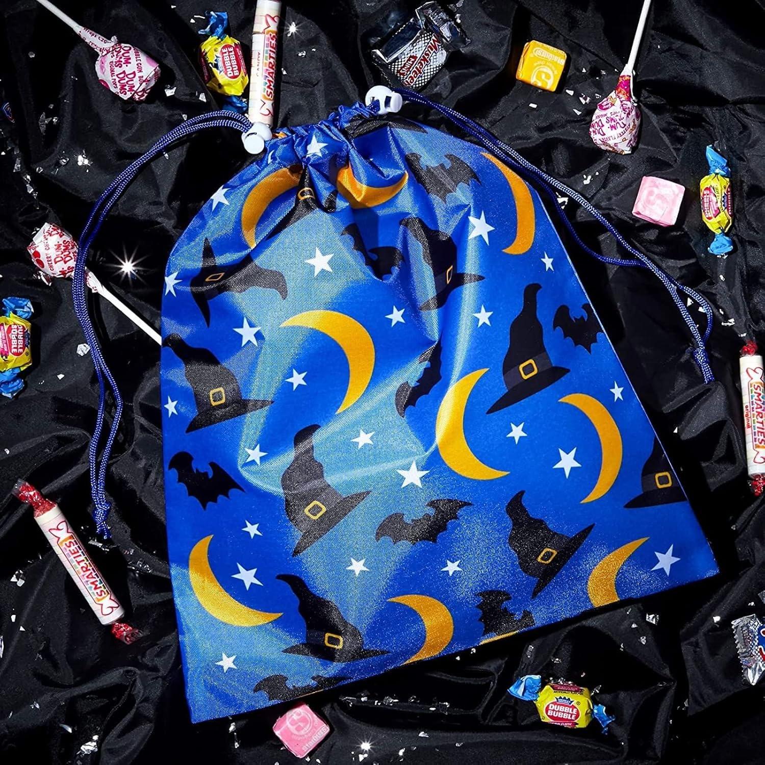 BLUE PANDA Halloween Fabric Drawstring Treat Bags - 12 Pack 10 x 12 in Reusable Polyester Favor Bags - Assorted Ghost, Pumpkin & Witch Designs for Parties & Trick-or-Treat