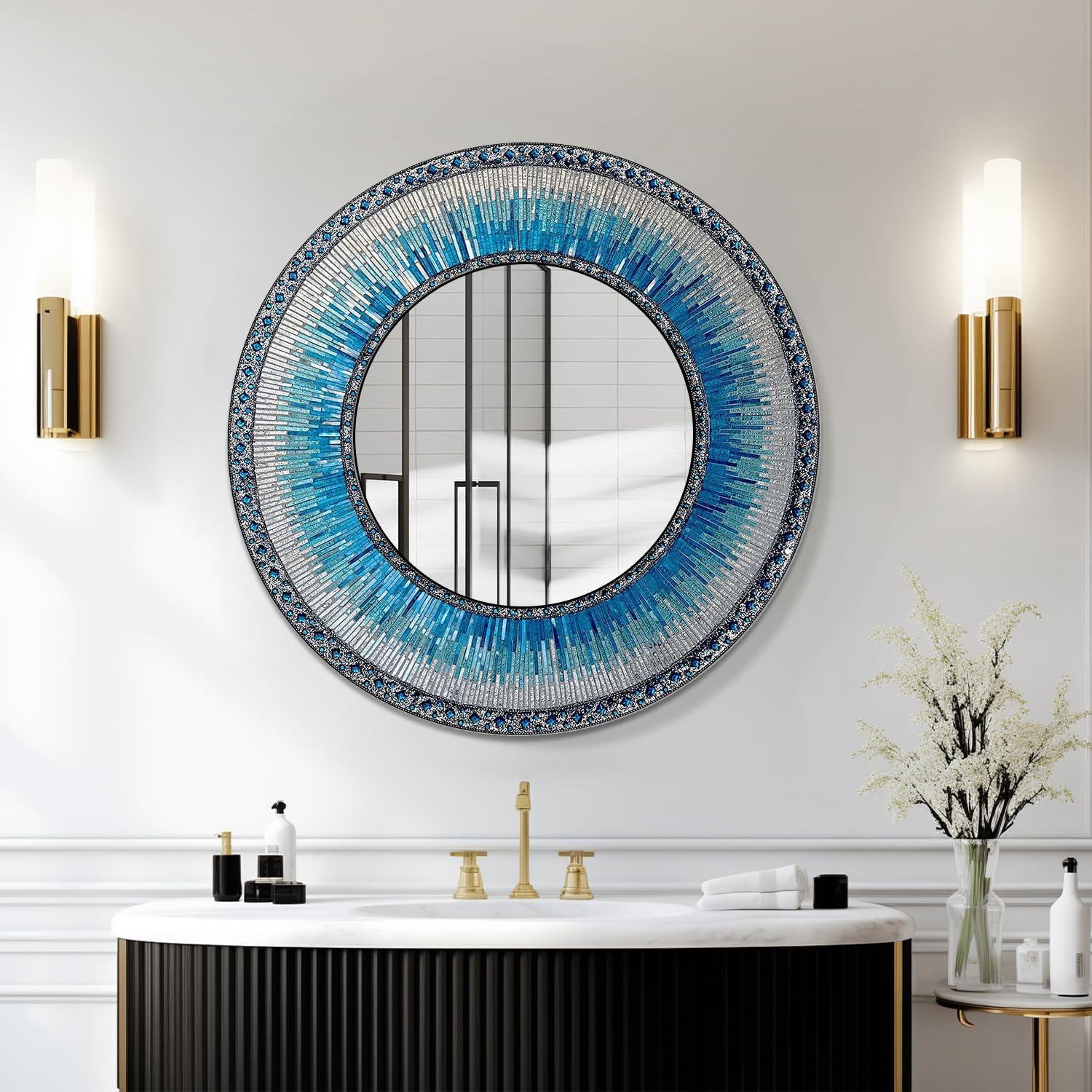 DecorShore 24" Round Decorative Mosaic Wall Mirror in Shades of Ocean Blue, Aqua, Silver, and Teal