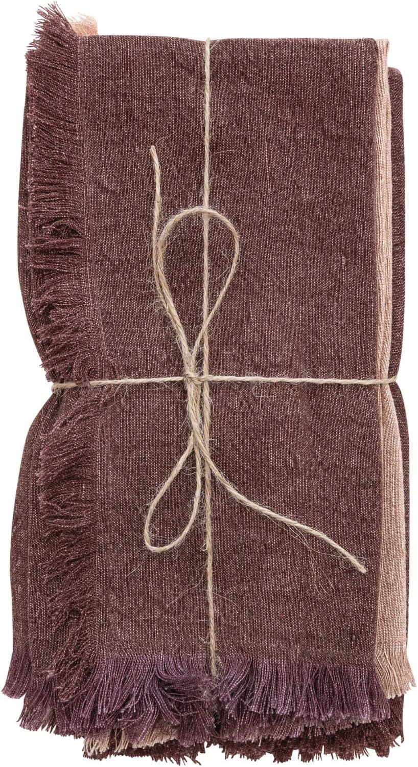 Bloomingville Square Linen Napkins with Fringe, Set of 4, Putty Orange and Aubergine