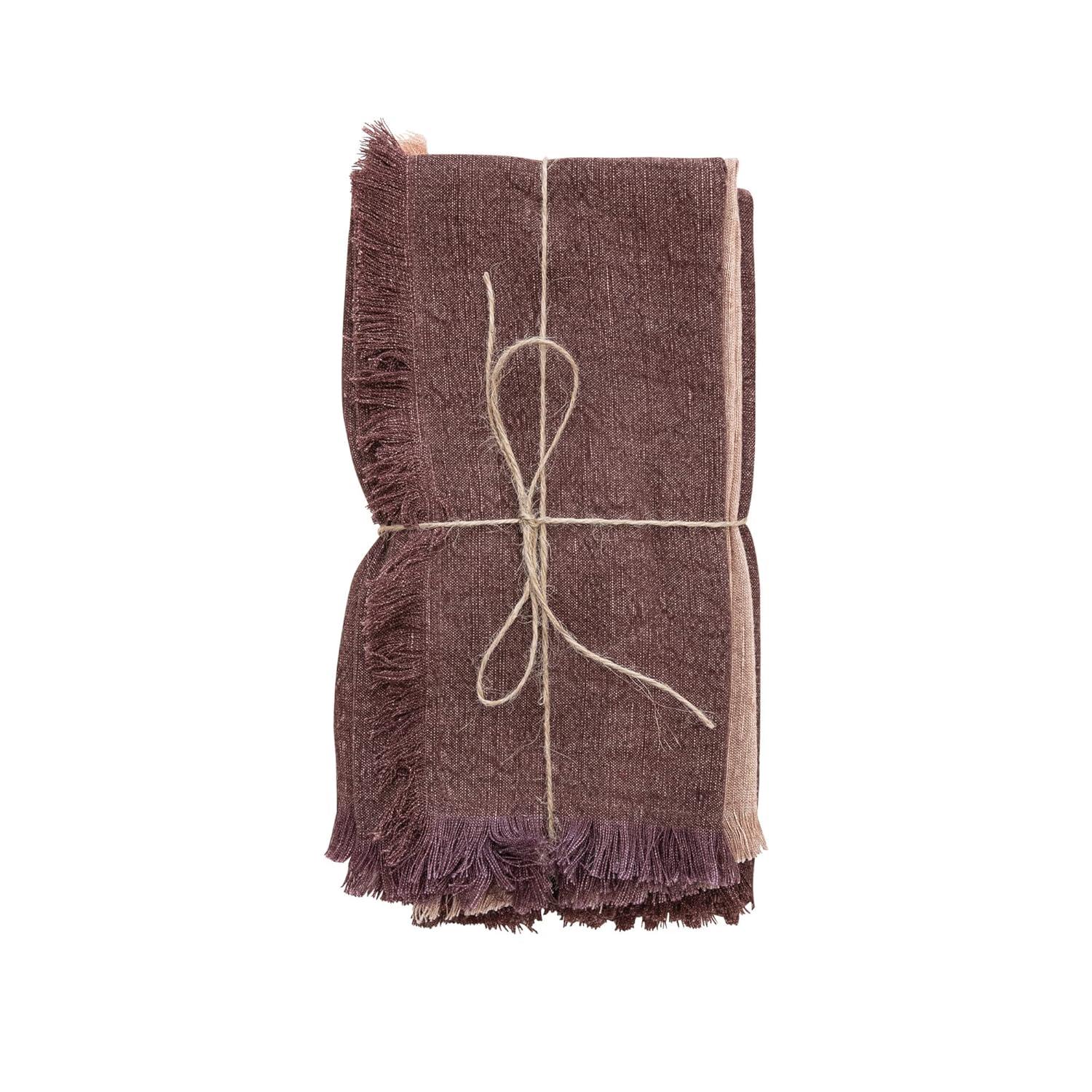 Bloomingville Square Linen Napkins with Fringe, Set of 4, Putty Orange and Aubergine