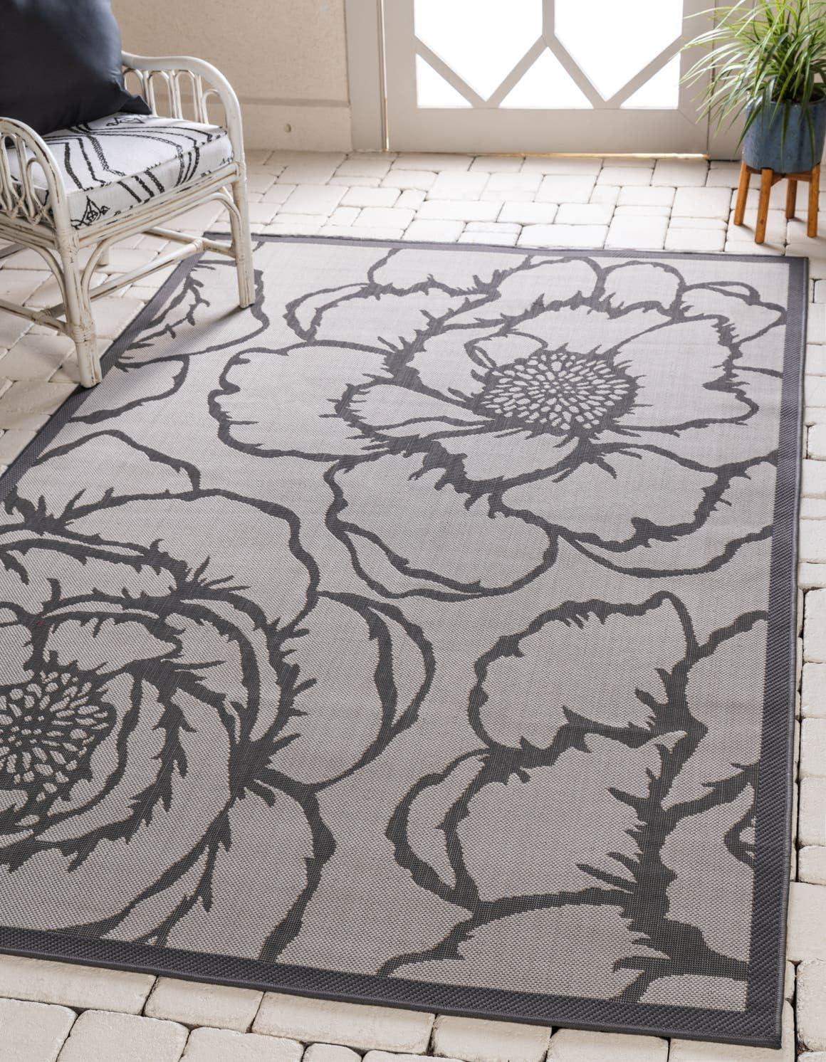 Modern Gray Abstract Outdoor Rug 7'1" x 10' Rectangular Synthetic Easy Care