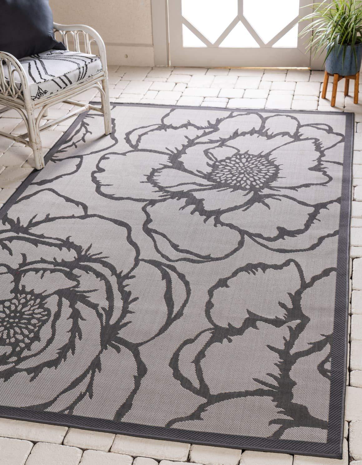 Gray Rectangular Stain-Resistant Synthetic Outdoor Rug, 3x5 ft